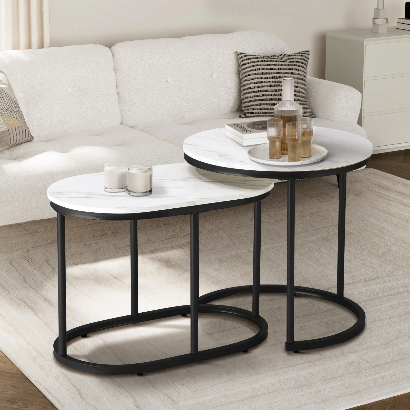 Oikiture Set of 2 Coffee Table Round Oval Marble-like Nesting Side Tables Black