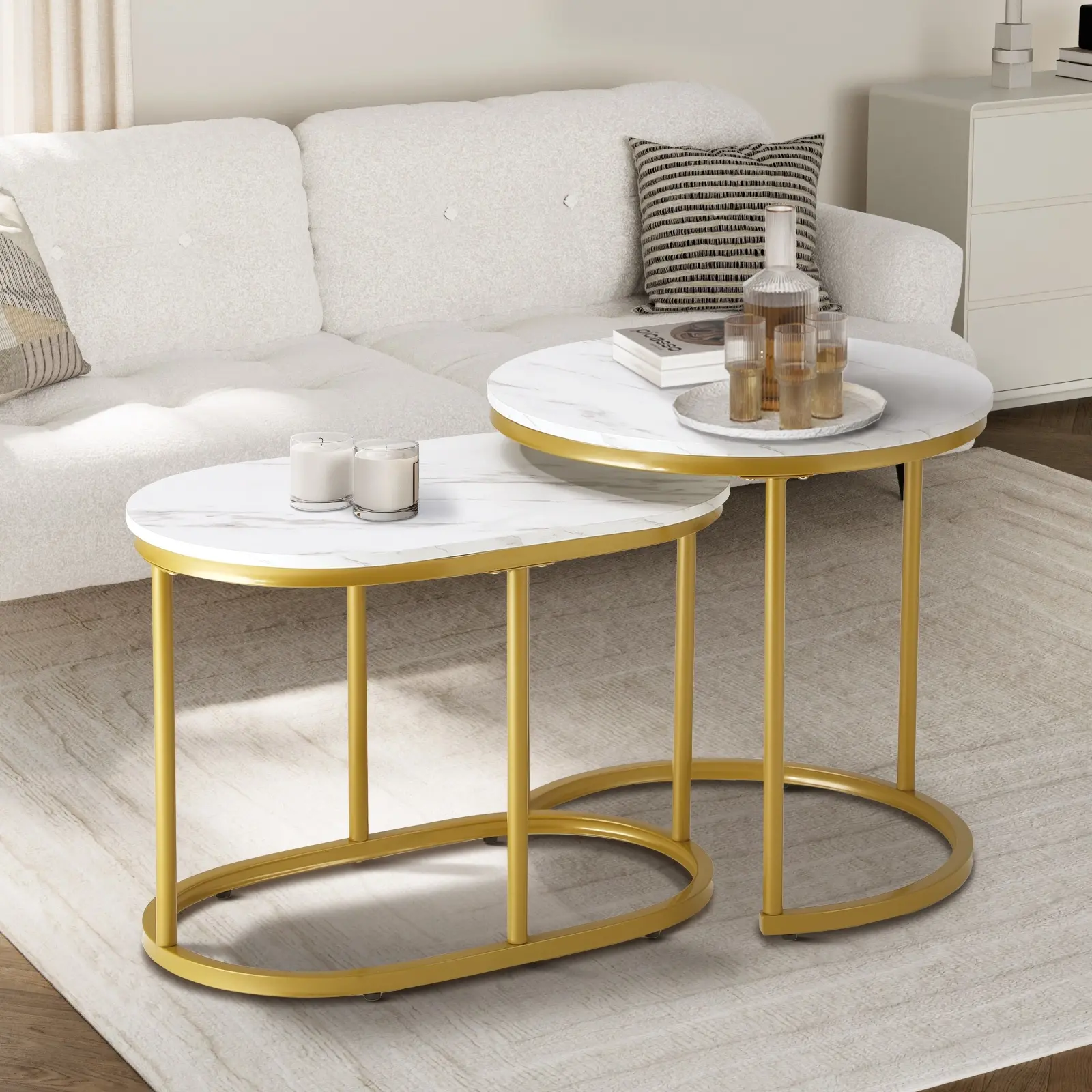 Oikiture Set of 2 Coffee Table Round Oval Marble-like Nesting Side Tables Gold