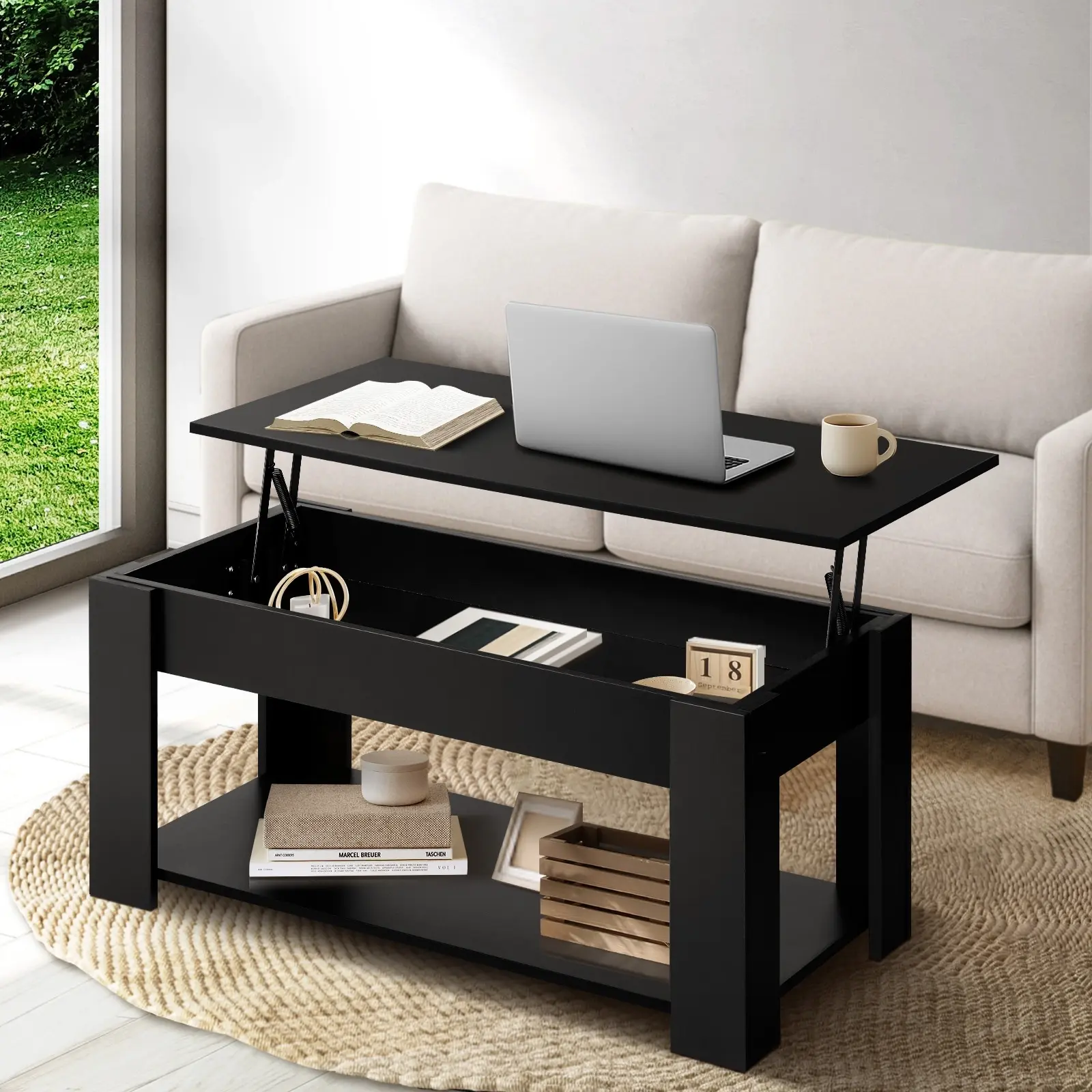 Oikiture Coffee Table Lift Up Top Modern Tables Hidden Book Storage Black - Furniture
