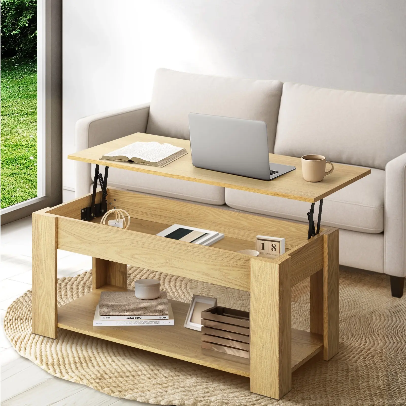 Oikiture Coffee Table Lift Up Top Modern Tables Hidden Book Storage Natural - Furniture