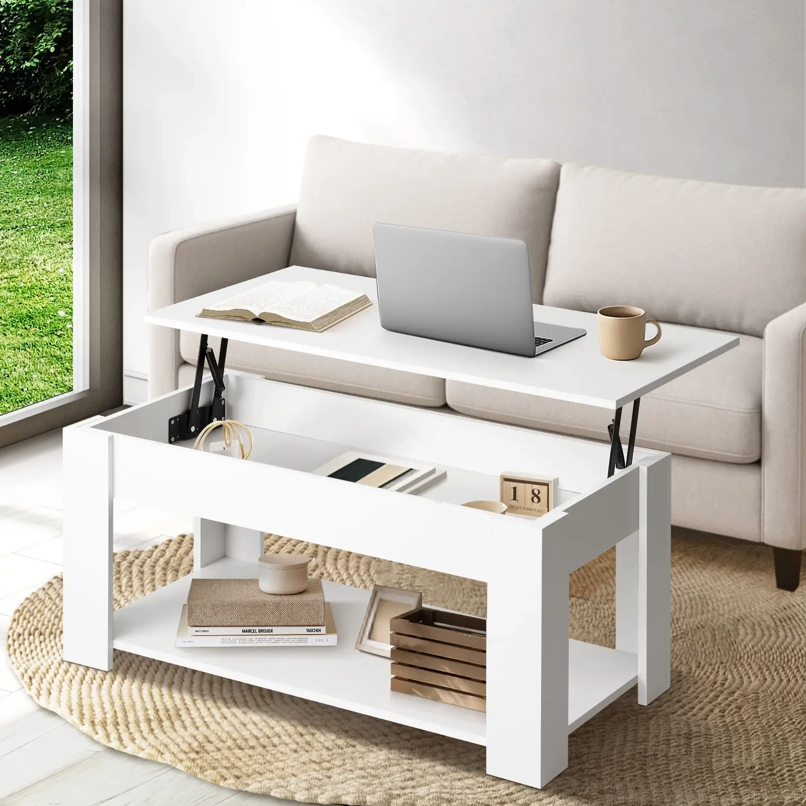 Oikiture Coffee Table Lift Up Top Modern Tables Hidden Book Storage White - Furniture