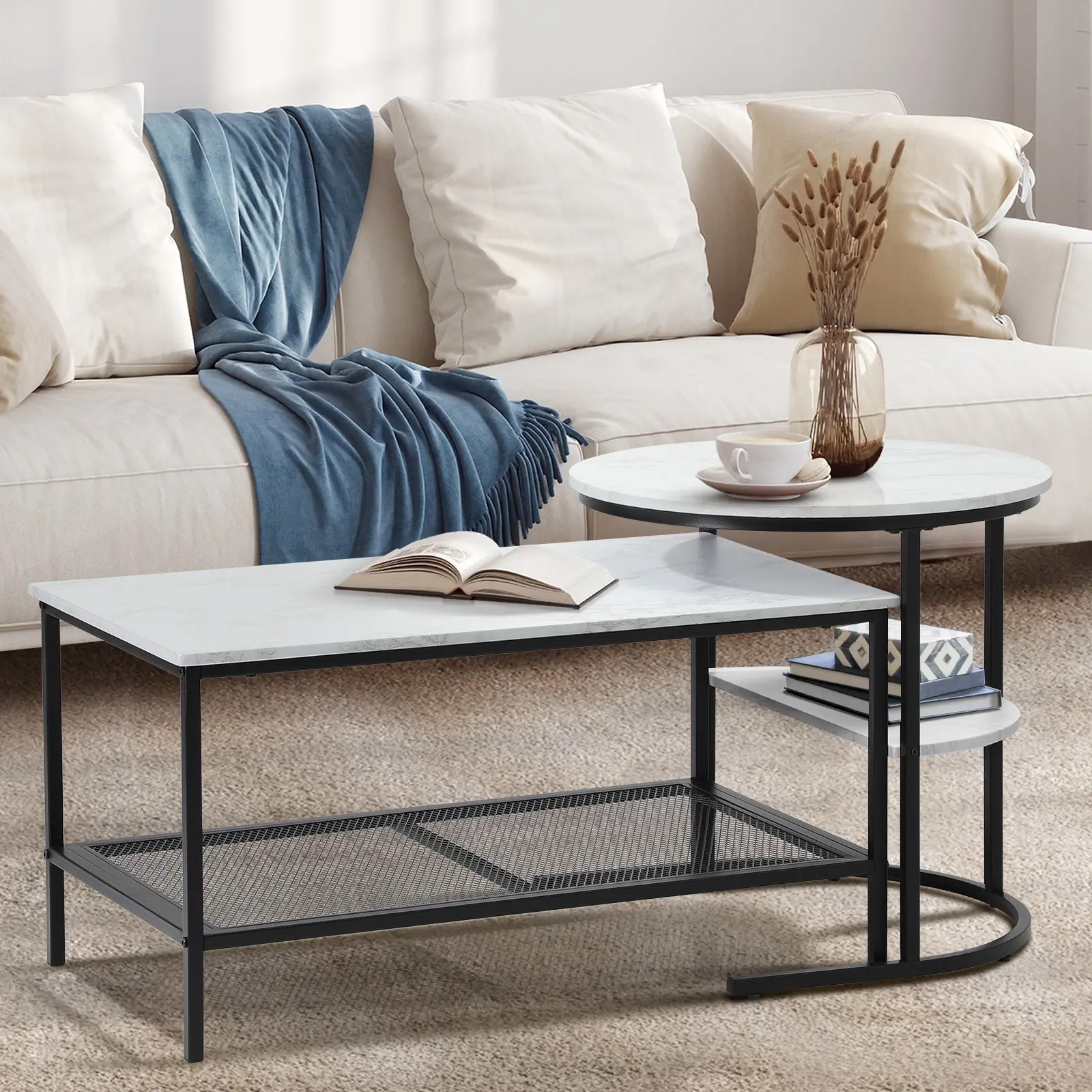 Oikiture Nesting Coffee Table Set of 2 Side End Tables Detachable Faux Marble - Furniture