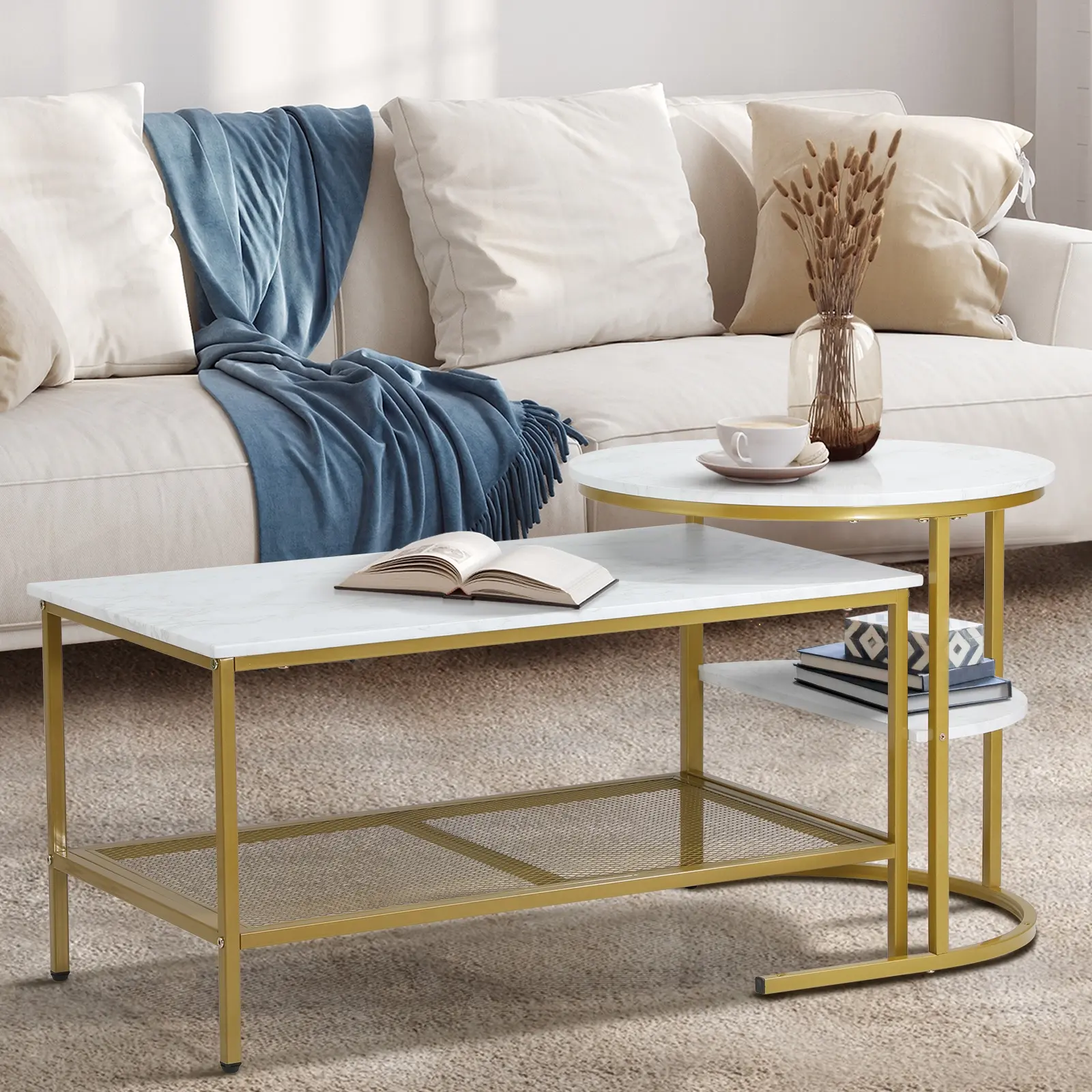 Oikiture Nesting Coffee Table Set of 2 Side End Table Detachable Faux Marble Top - Furniture