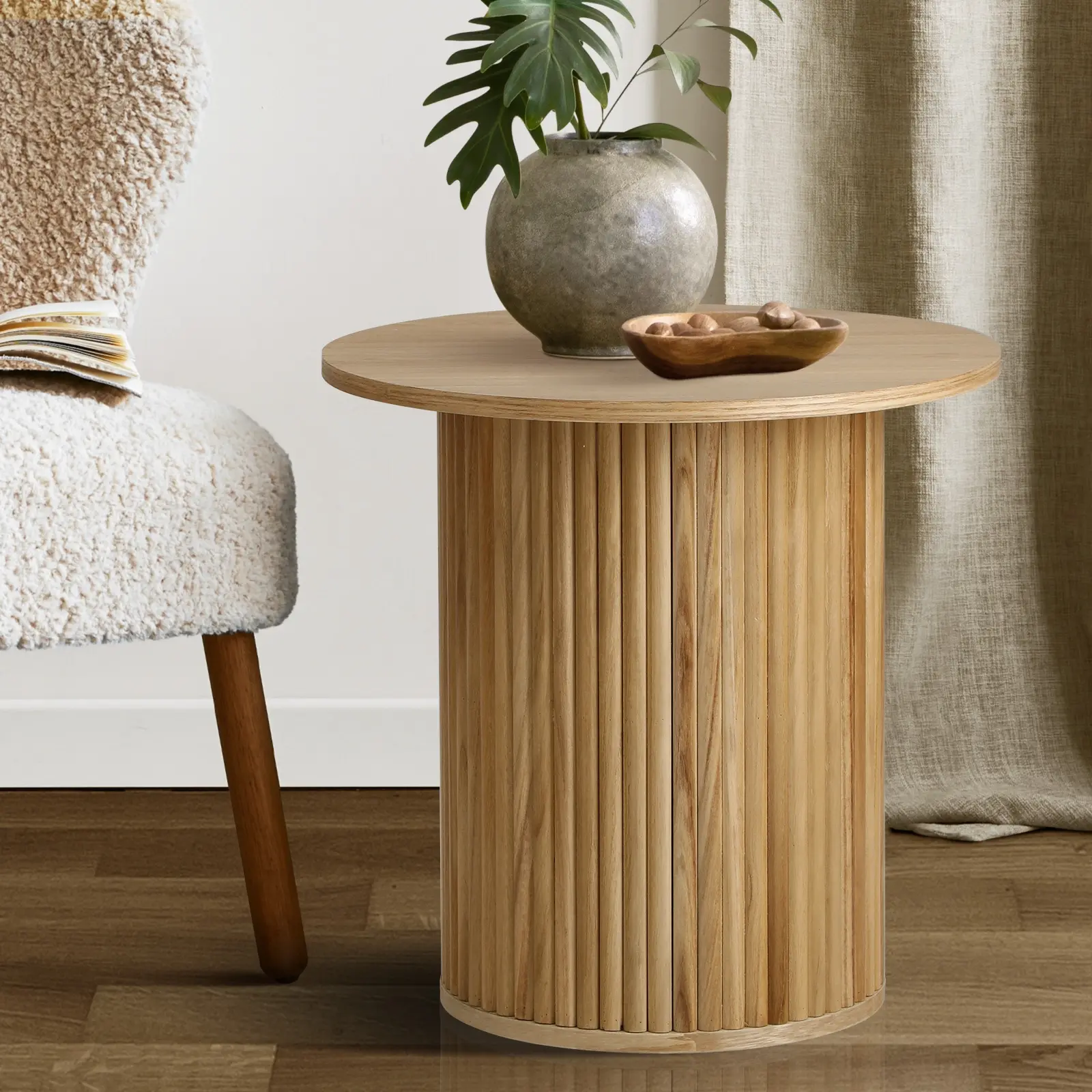 Oikiture Coffee Table Side End Tables Sofa Desk Bedside Round Wood Natural - Furniture