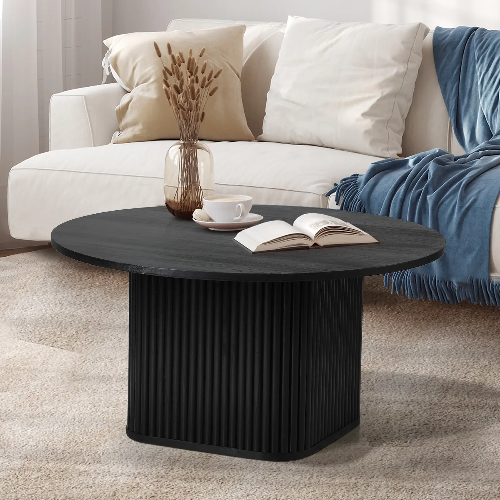 Oikiture Coffee Table Side End Tables Sofa Desk Round Wooden Furniture Black - Over 40% off Living Room Furniture