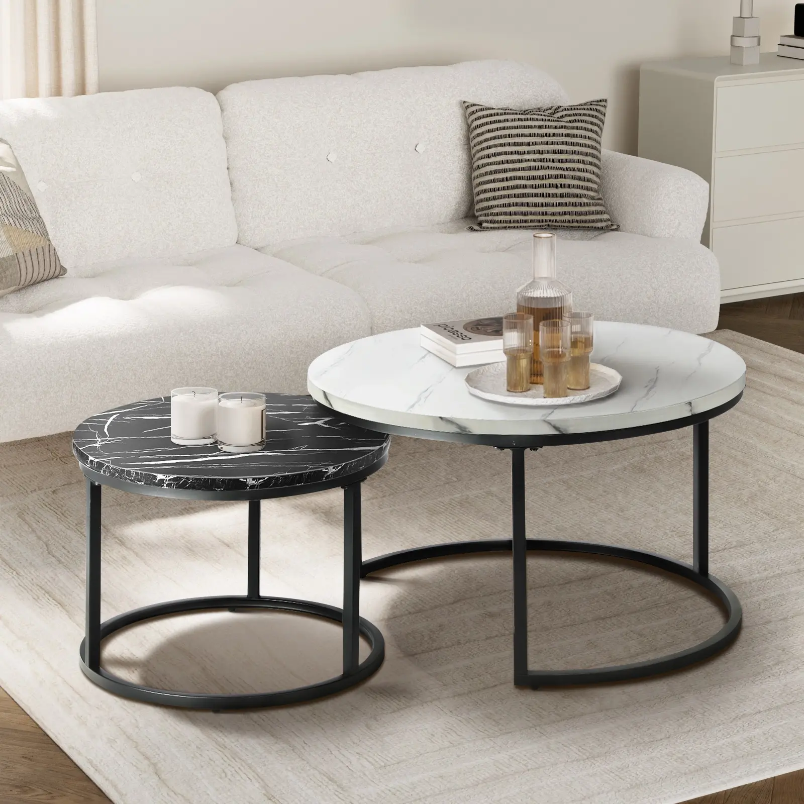 Oikiture Set of 2 Coffee Table Round Nesting Side End Table White and Black - Over 40% off Living Room Furniture