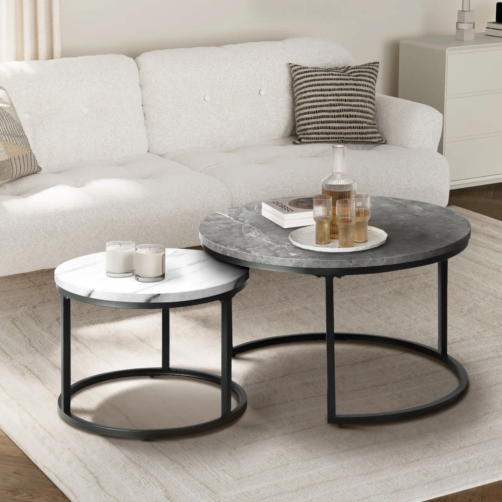 Oikiture Set of 2 Coffee Table Round Marble-like Nesting Side Tables Grey White
