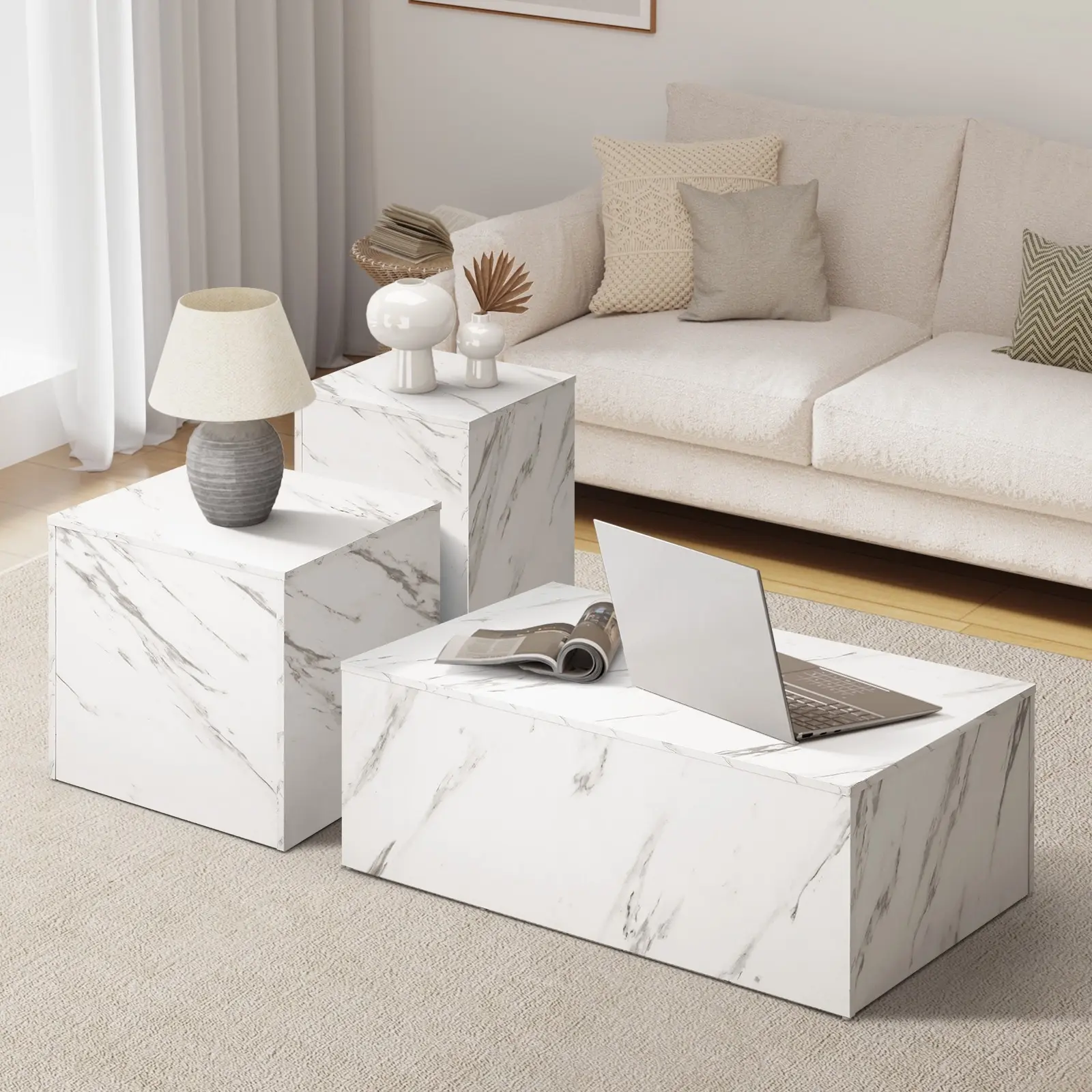 Oikiture Coffee Table Set of 3 Side Tables Sofa Cafe Desk Marble Effect White - Furniture
