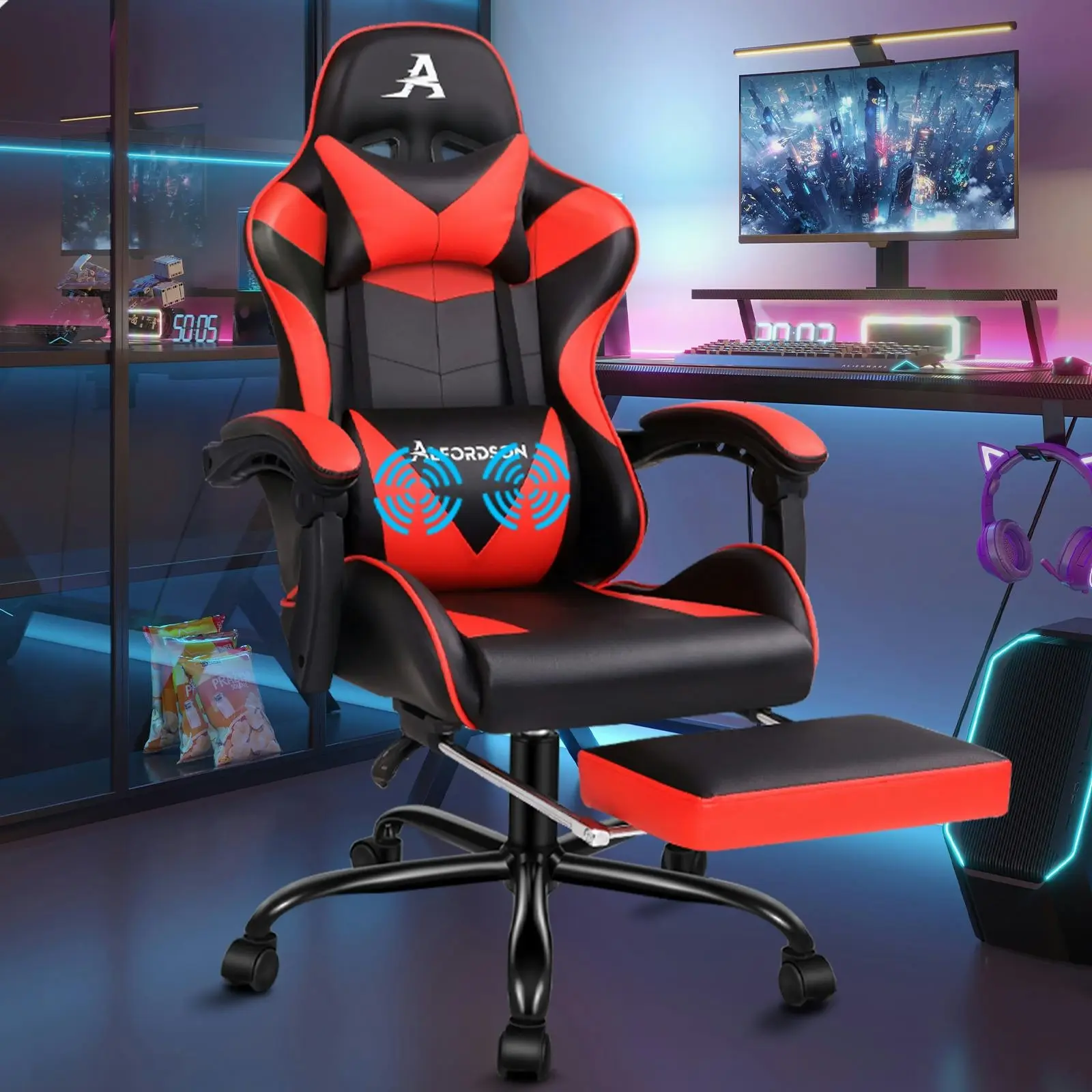 Alfordson Gaming Chair with Lumbar Massage Office Chair Black & Red - Furniture