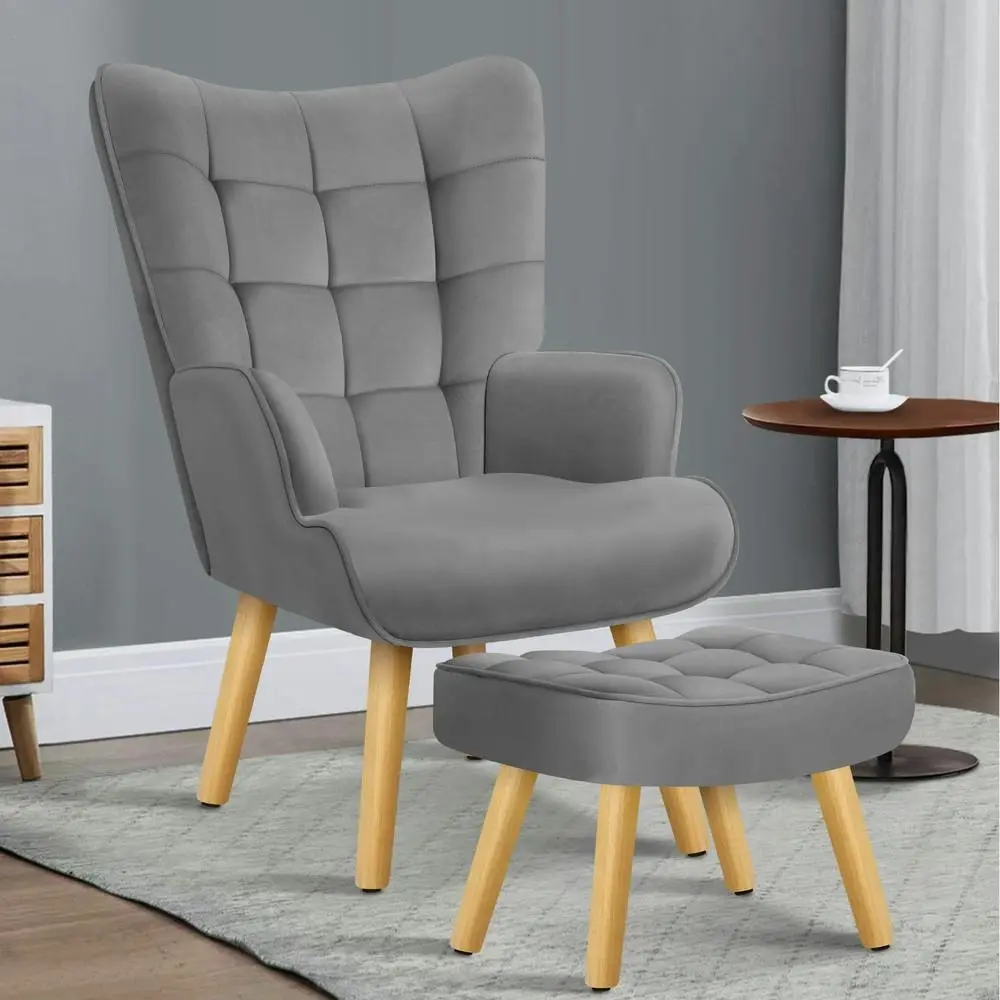 Alfordson Wooden Armchair Accent Chair Ottoman Velvet Light Grey - Over 40% off Living Room Furniture