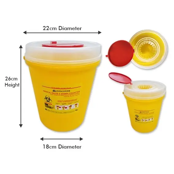 Livingstone Needles Sharps Waste Collector 8L Snap on Lid with Finger Guard Round Plastic Yellow 24 Carton - Commercial