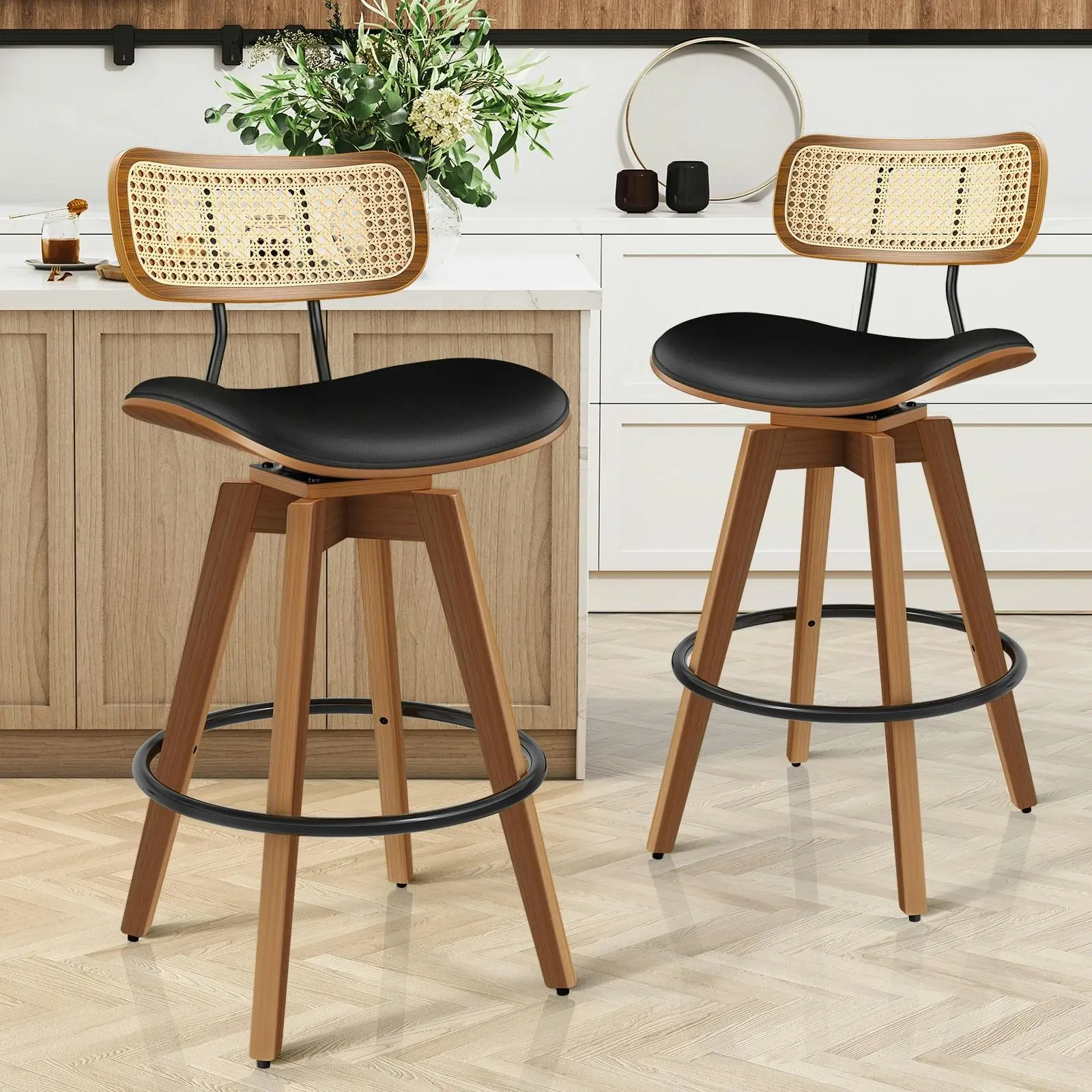 Alfordson 2x Bar Stools Kitchen Vintage Leather Seat Rattan Chair Black - Shop Dining Chairs & Bar Stools