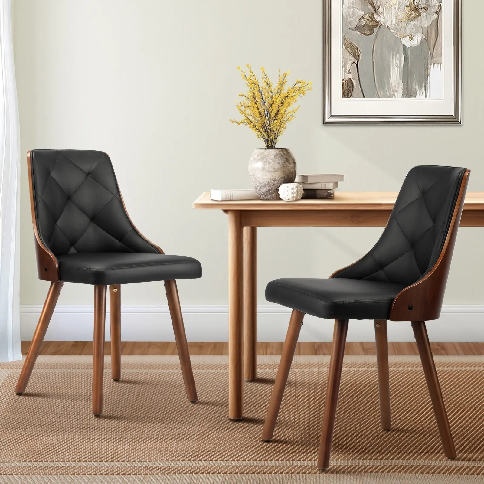 Oikiture Dining Chairs Wooden Chair Kitchen Cafe Faux Leather Padded Seat x2 - Furniture