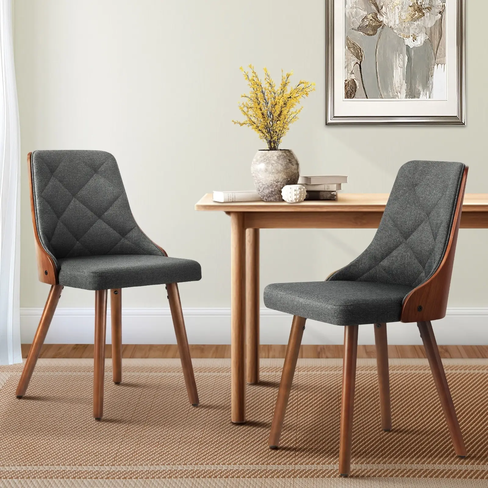Oikiture Dining Chairs Wooden Chair Kitchen Cafe Faux Linen fabric Padded Seatx2 - Furniture