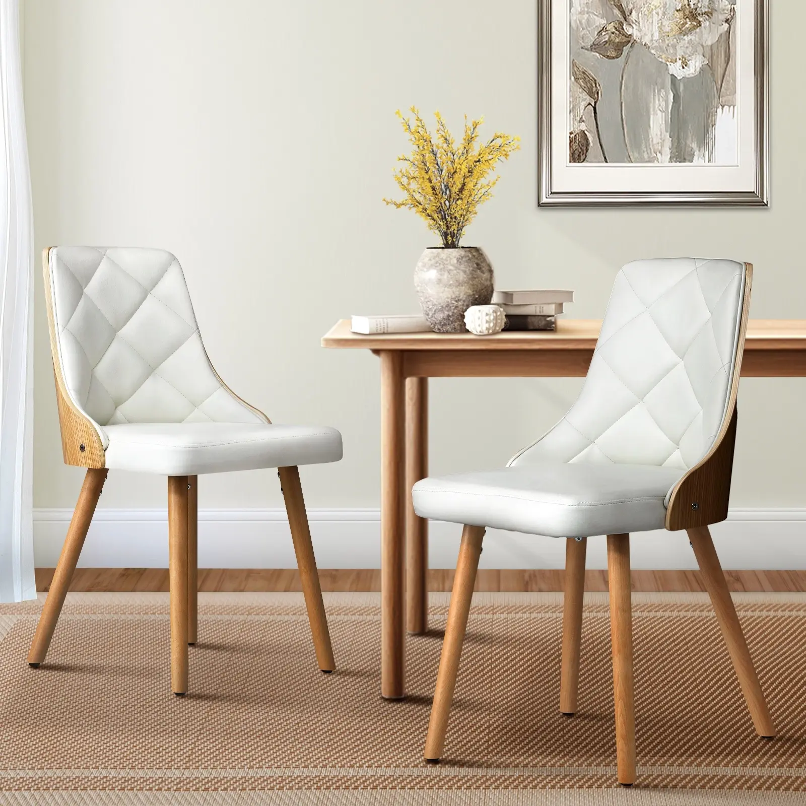 Oikiture Dining Chairs Wooden Kitchen Chair Cafe Faux PU Leather Padded Seat 2x - Furniture