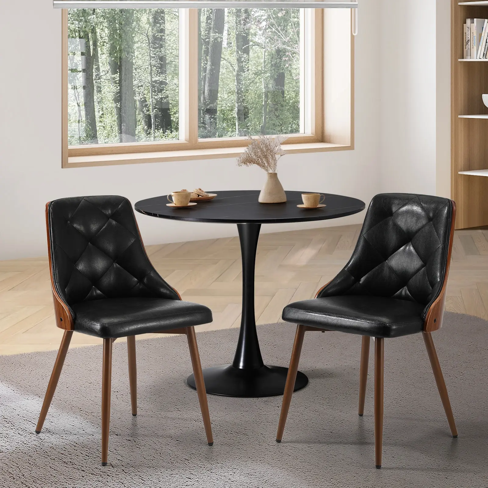 Oikiture Dining Chairs Retro Leather Kitchen Lounge Tufted Glossy x2 Black - Furniture
