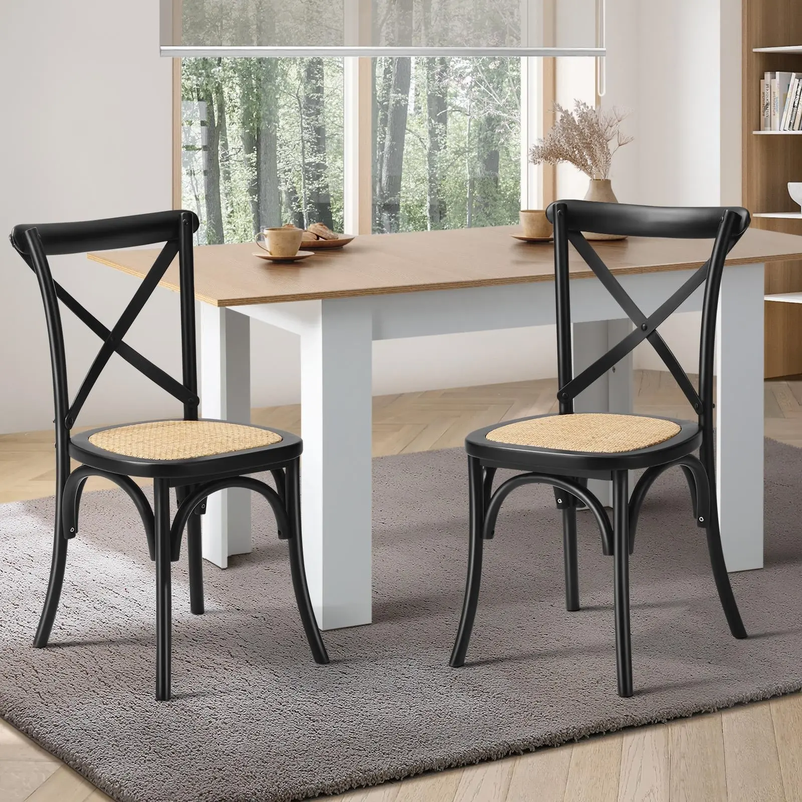 Oikiture 2PCS Crossback Dining Chair Solid Birch Timber Wood Ratan Seat Black - Furniture