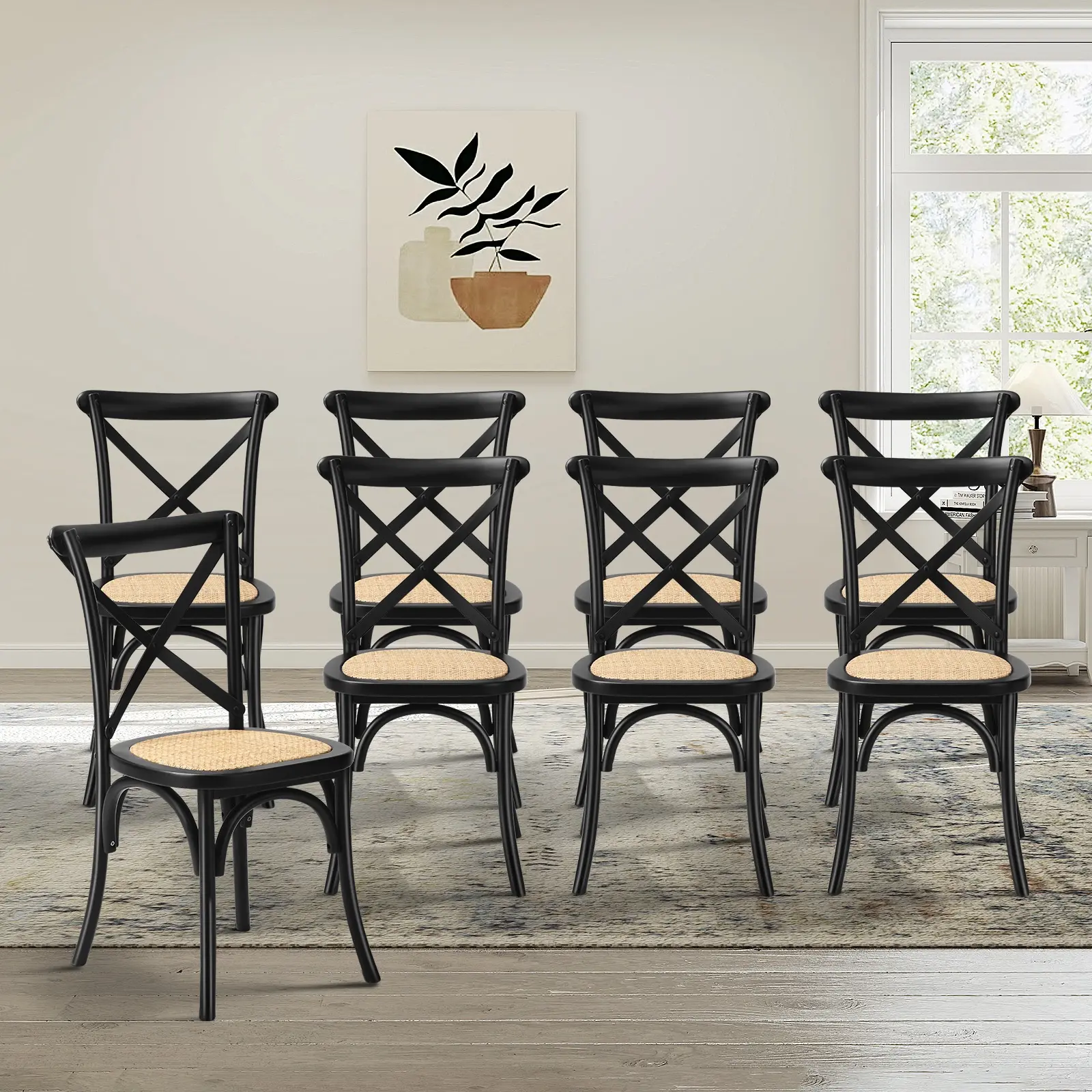 Oikiture 8PCS Crossback Dining Chair Solid Birch Timber Wood Ratan Seat Black - Furniture