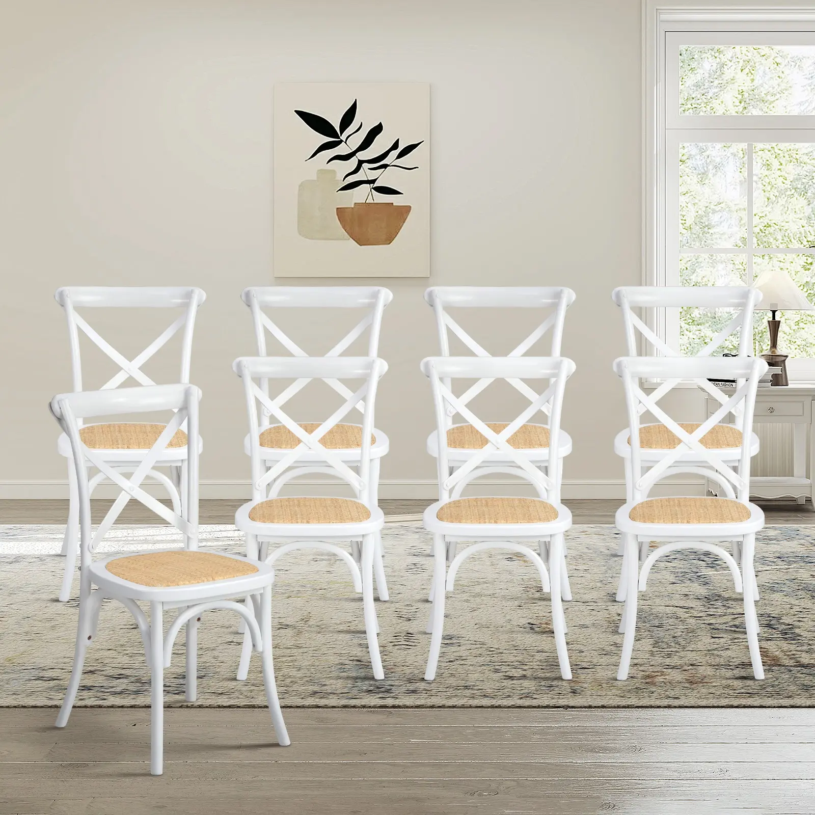 Oikiture 8PCS Crossback Dining Chair Solid Birch Timber Wood Ratan Seat White - Shop Dining Chairs & Bar Stools