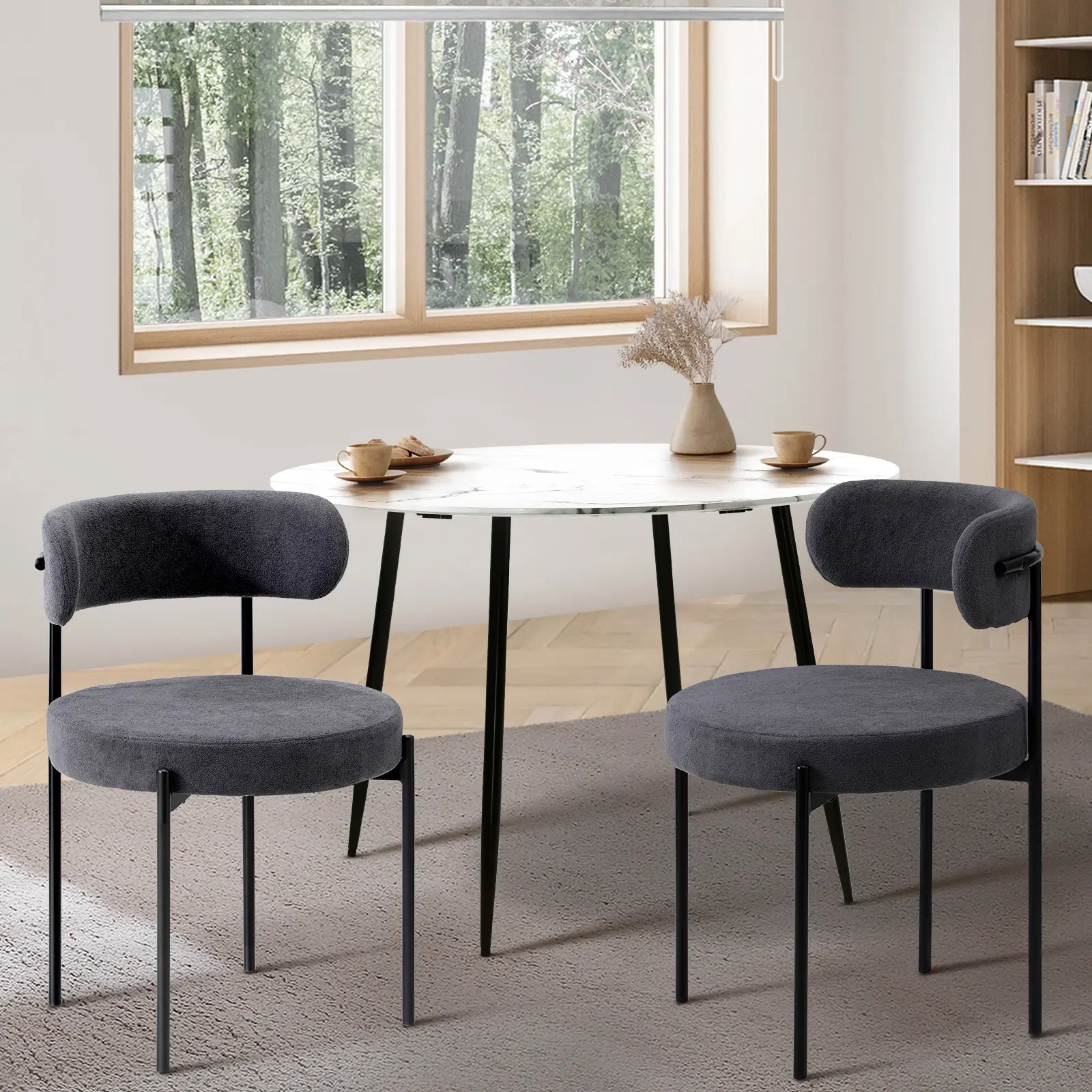 Oikiture 2x Dining Chair Round Boucle Kitchen Lounge Seats Backrest Dark Grey - Shop Dining Chairs & Bar Stools