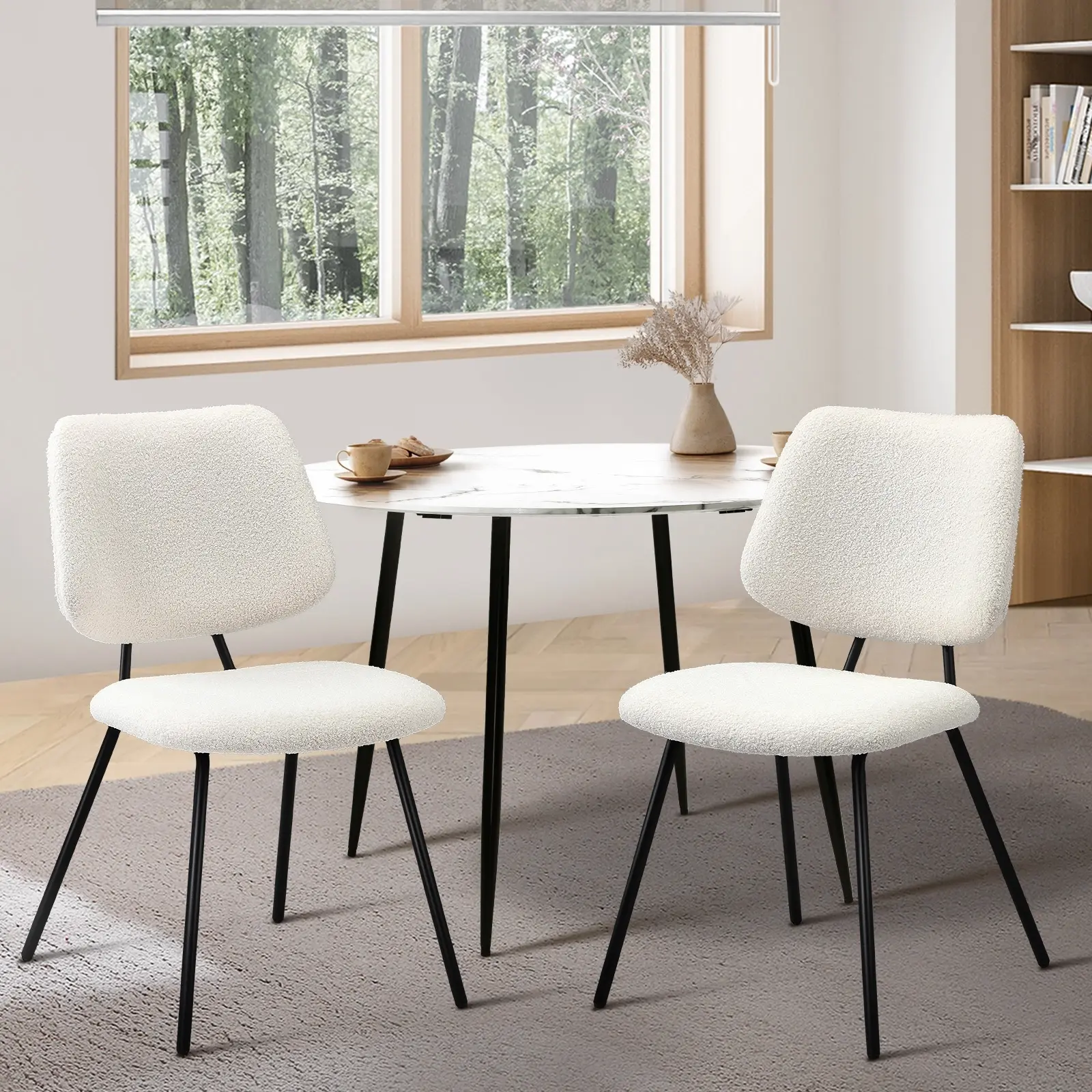Oikiture 2x Dining Chair Vintage Retro Sherpa Kitchen Padded Lounge White - Furniture