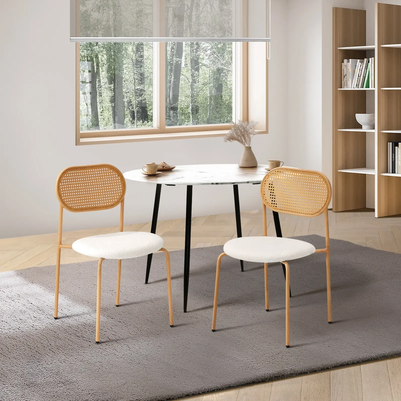 Oikiture 2PCS Dining Chair Accent Chairs Rattan Furniture Sherpa White