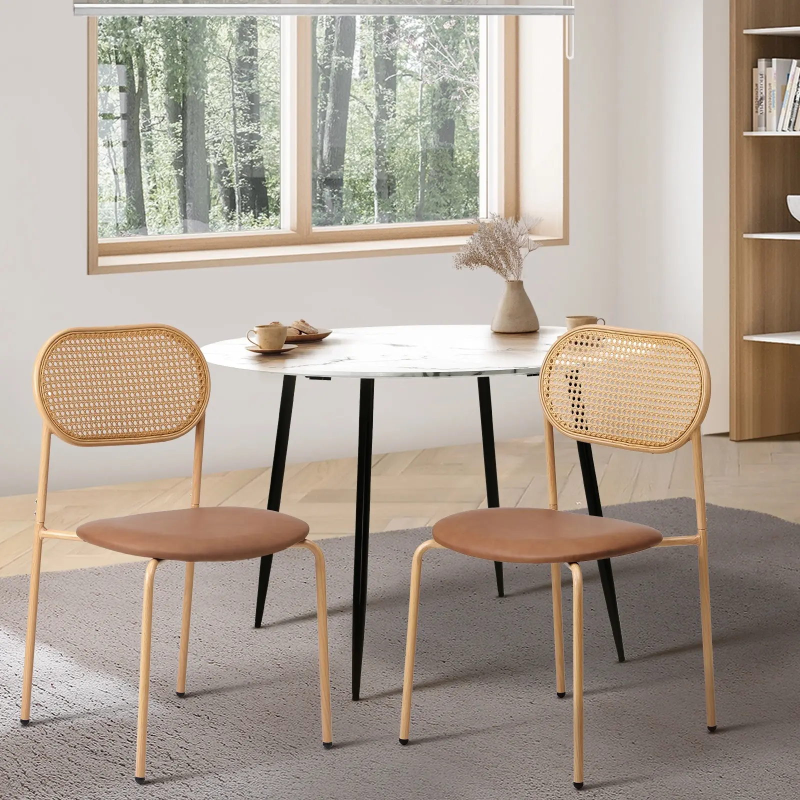 Oikiture 2PCS Dining Chair Accent Chairs Rattan Furniture PU Leather Brown