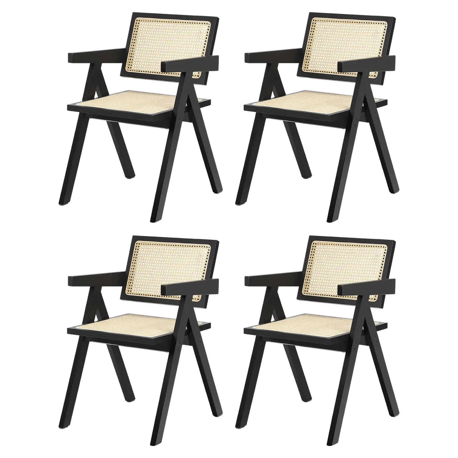 Oikiture 4x Dining Chairs Rattan Chair Wooden Accent Chair Balck - Furniture