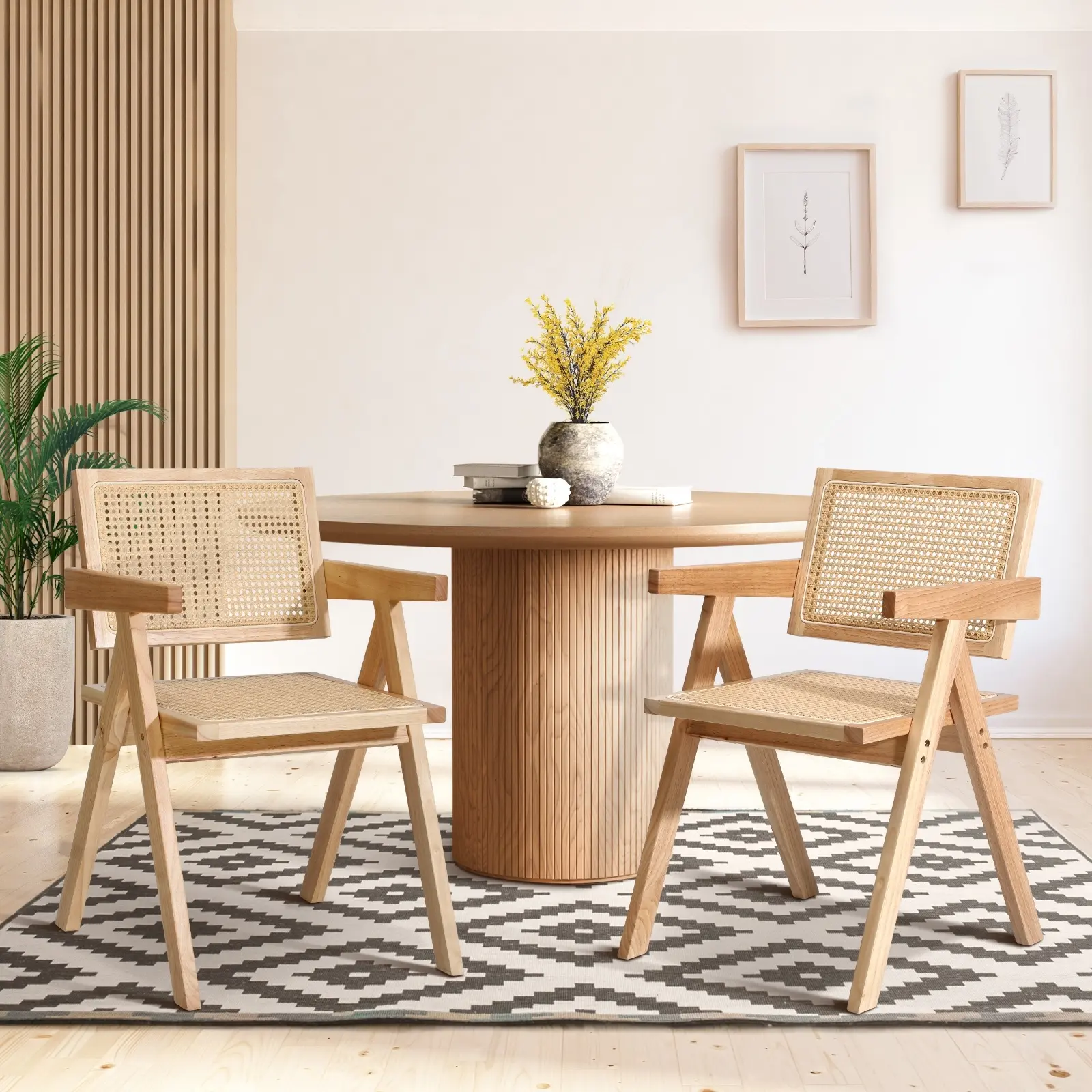 Oikiture 2x Dining Chairs Rattan Chair Wooden Accent Chair Natural - Furniture