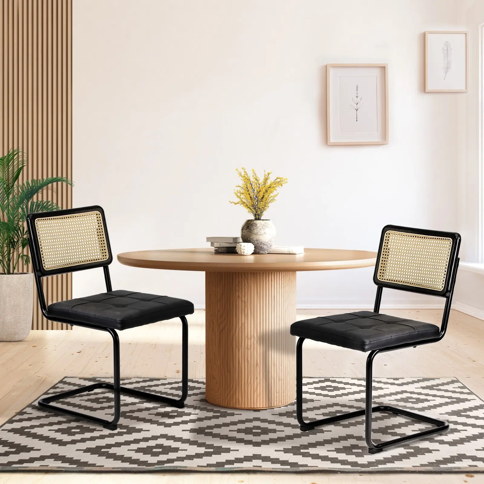 Oikiture 2x Rattan Dining Chair Cesca Replica Cantilever PU Leather Padded Black - Furniture