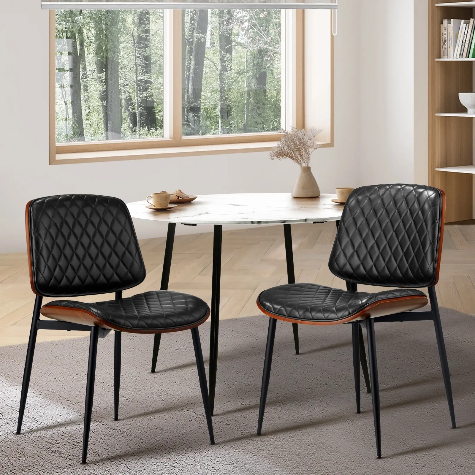 Oikiture 2x Dining Chairs Retro Faux Leather Solid Beech Wood Metal Legs Black - Furniture
