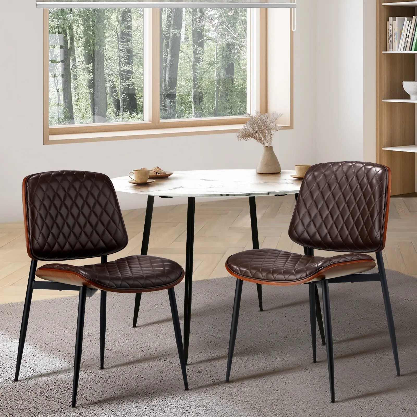 Oikiture 2x Dining Chairs Retro Faux Leather Solid Beech Wood Metal Legs Walnut - Furniture