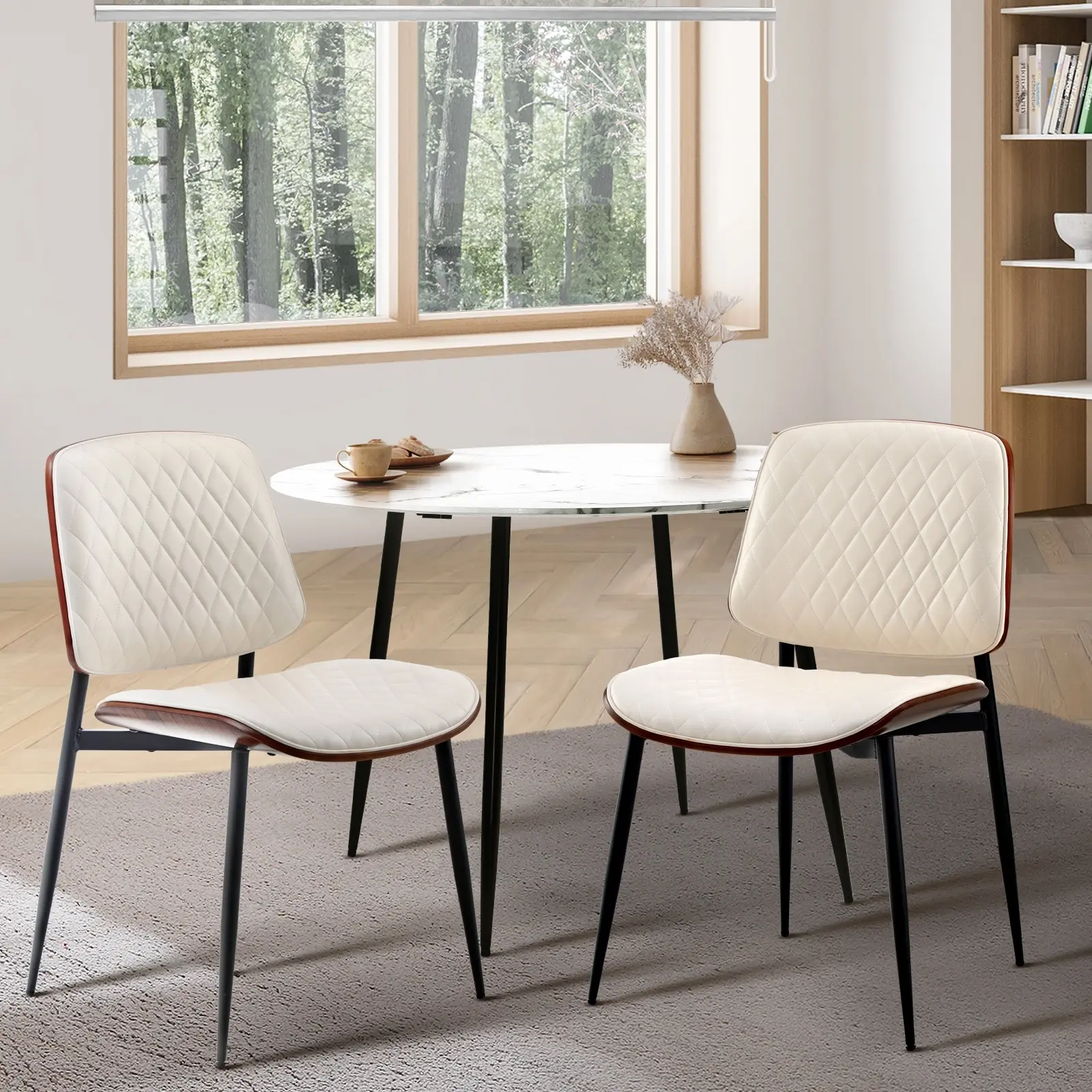 Oikiture 2x Dining Chairs Retro Faux Leather Solid Beech Wood Metal Legs White - Furniture