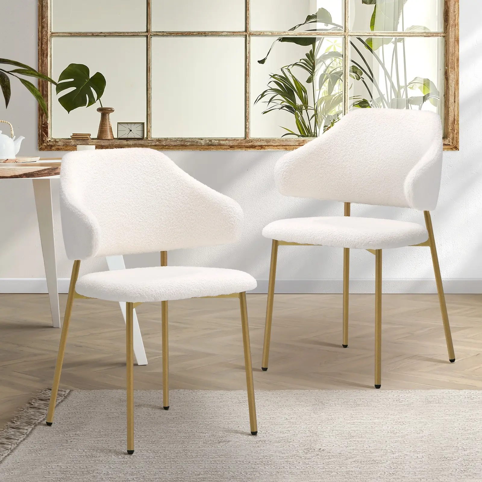 Oikiture 2x Dining Chair Accent Chairs Armchair Tub Armchairs Sherpa Gold&White - Furniture