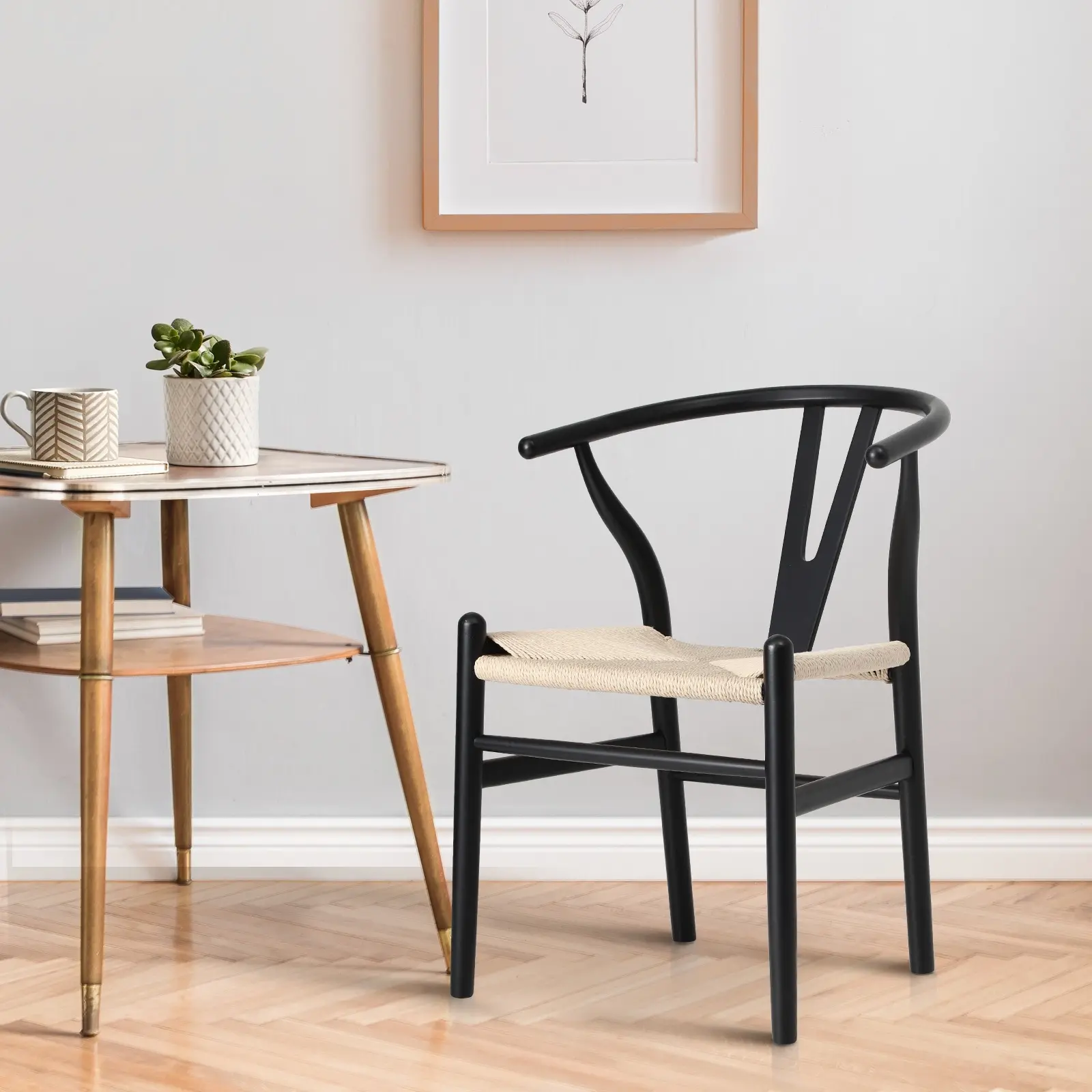 Oikiture Dining Chair Wooden Hans Wegner Chair Wishbone Cafe Lounge Seat Black - Furniture