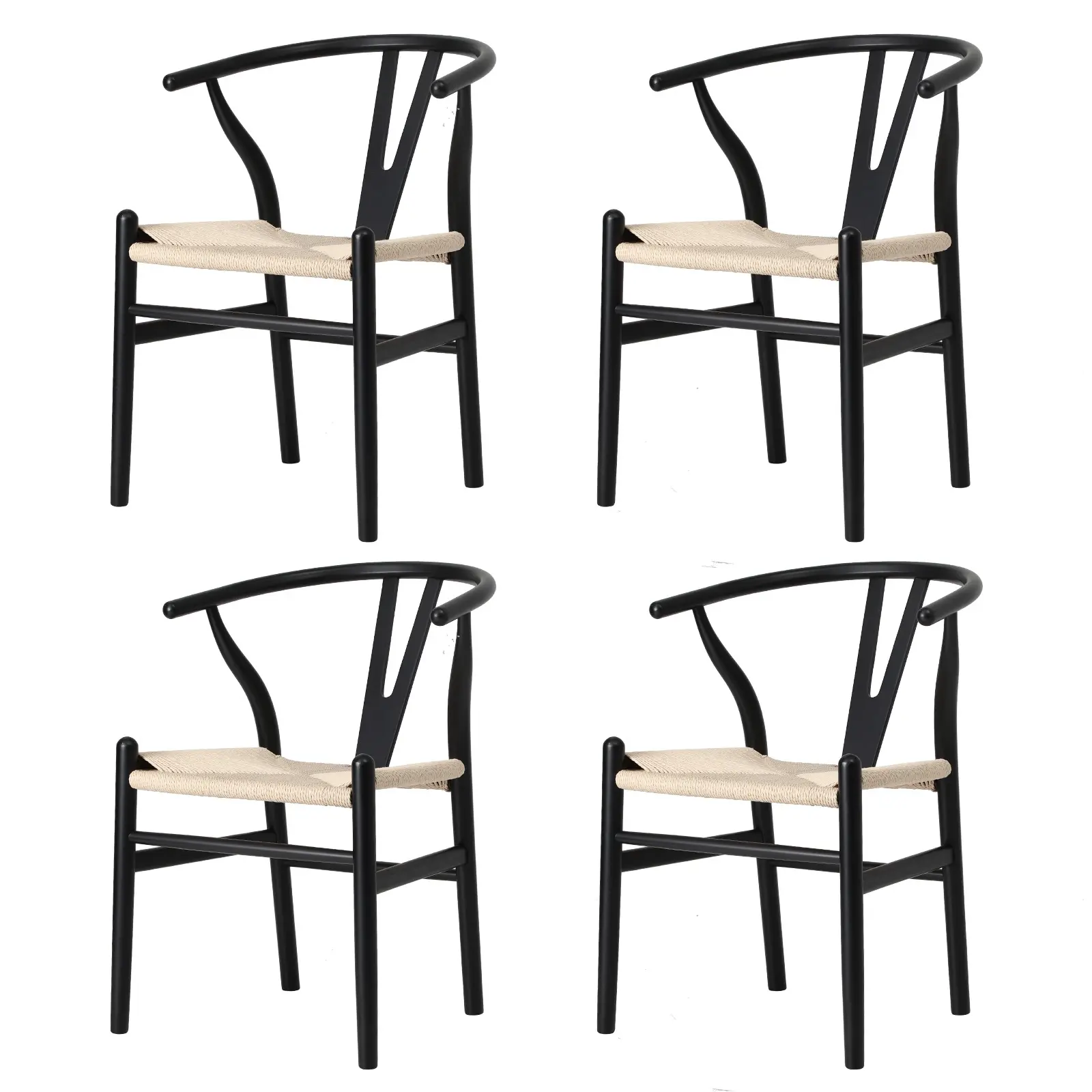 Oikiture 4xDining Chair Wooden Hans Wegner Chair Wishbone Cafe Lounge Seat Black - Furniture
