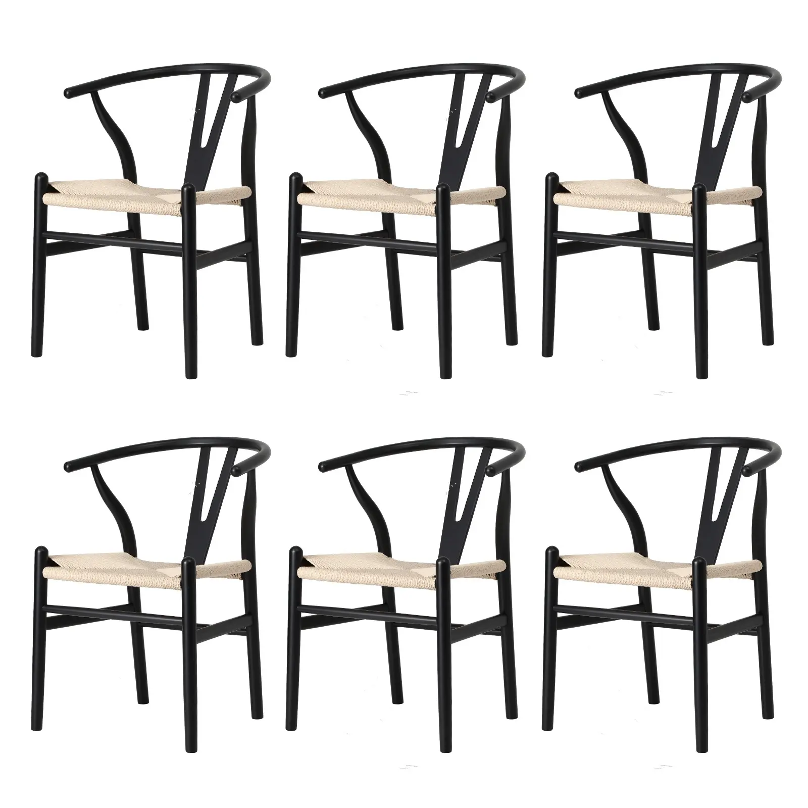 Oikiture 6xDining Chair Wooden Hans Wegner Chair Wishbone Cafe Lounge Seat Black - Furniture