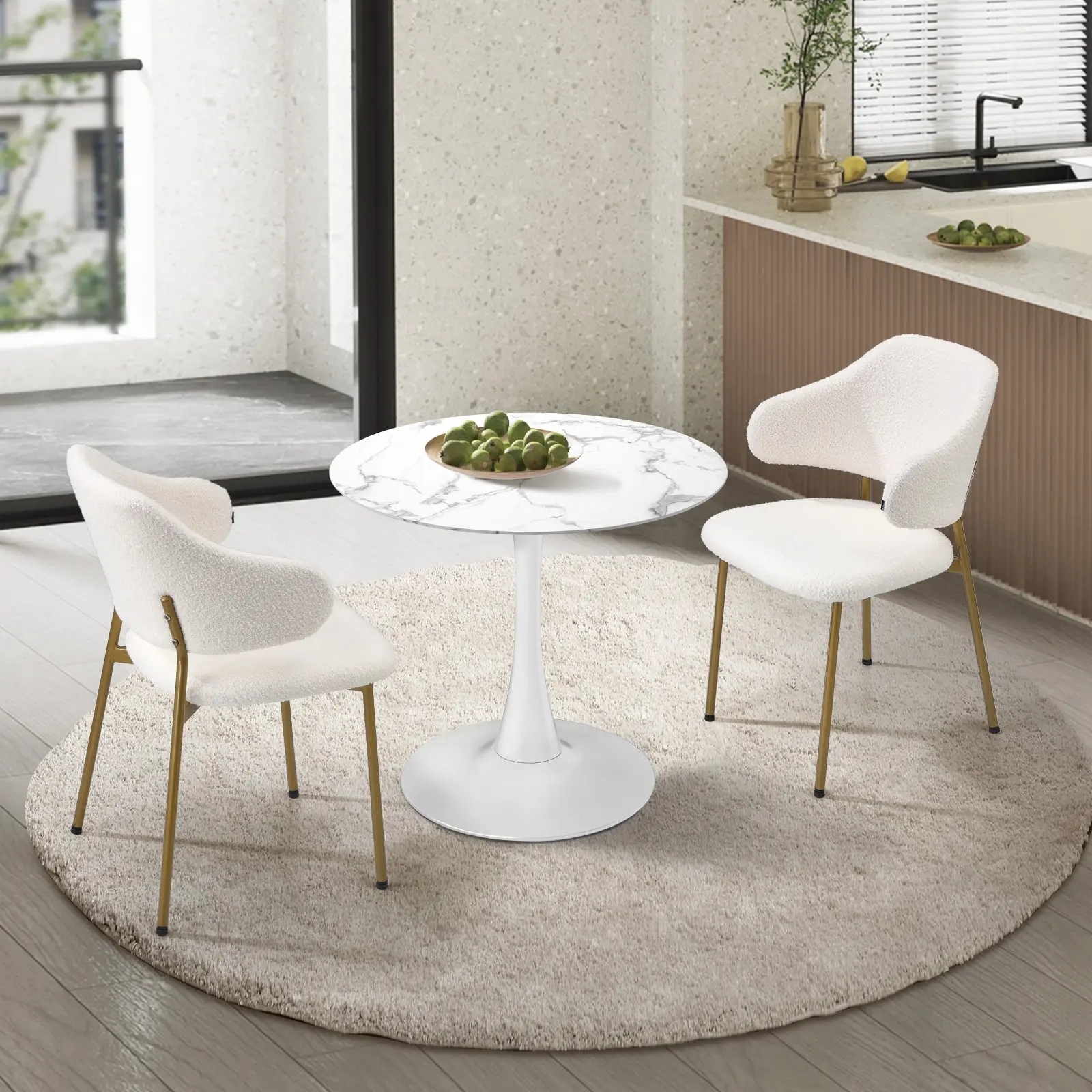 Oikiture 60cm Round Dining Table with 2x Dining Chairs Sherpa Gold&White - Furniture