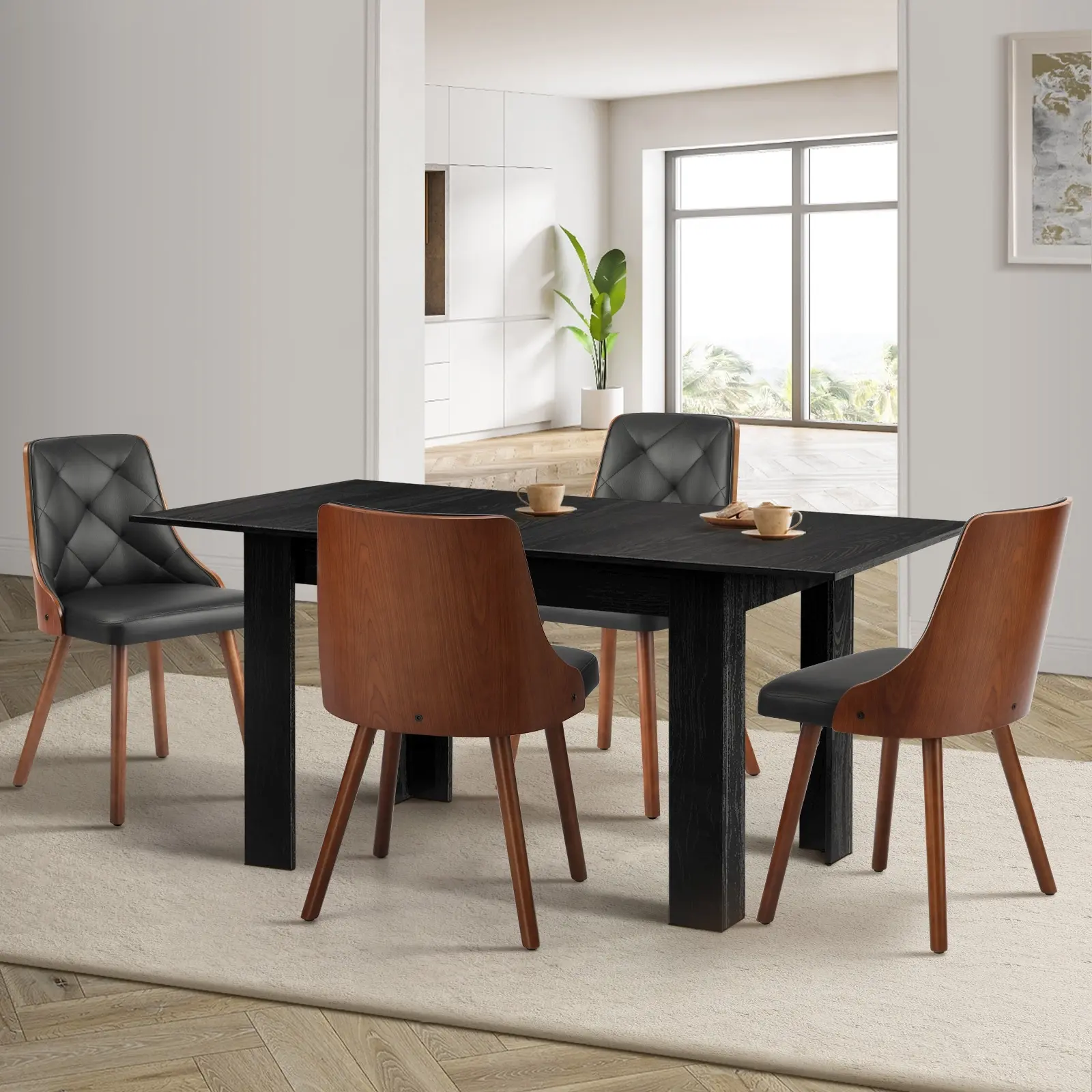 Oikiture 160cm Extendable Dining Table with 4PCS Dining Chairs PU Leather Black-EXAIC