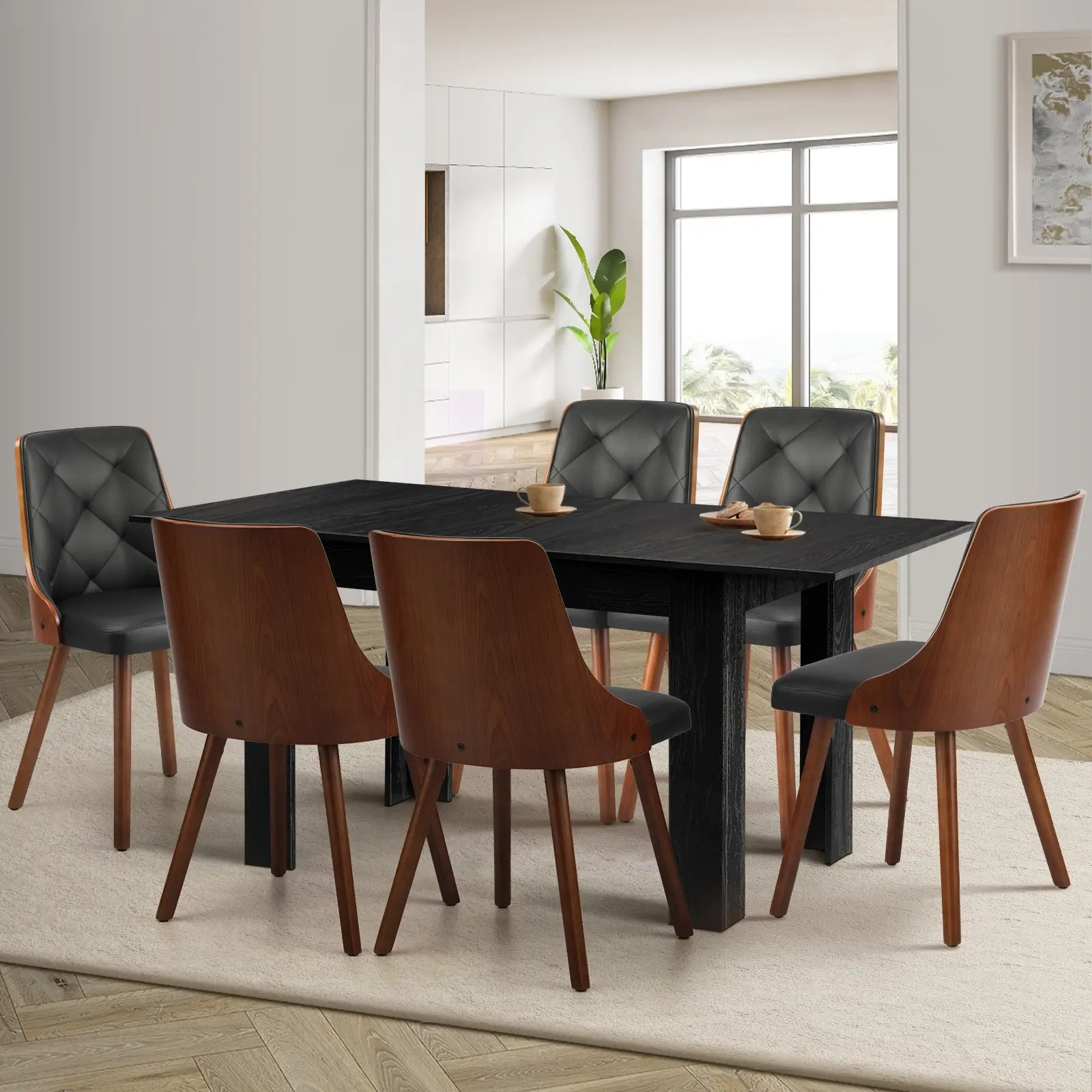 Oikiture 160cm Extendable Dining Table with 6PCS Dining Chairs PU Leather Black-EXAIC