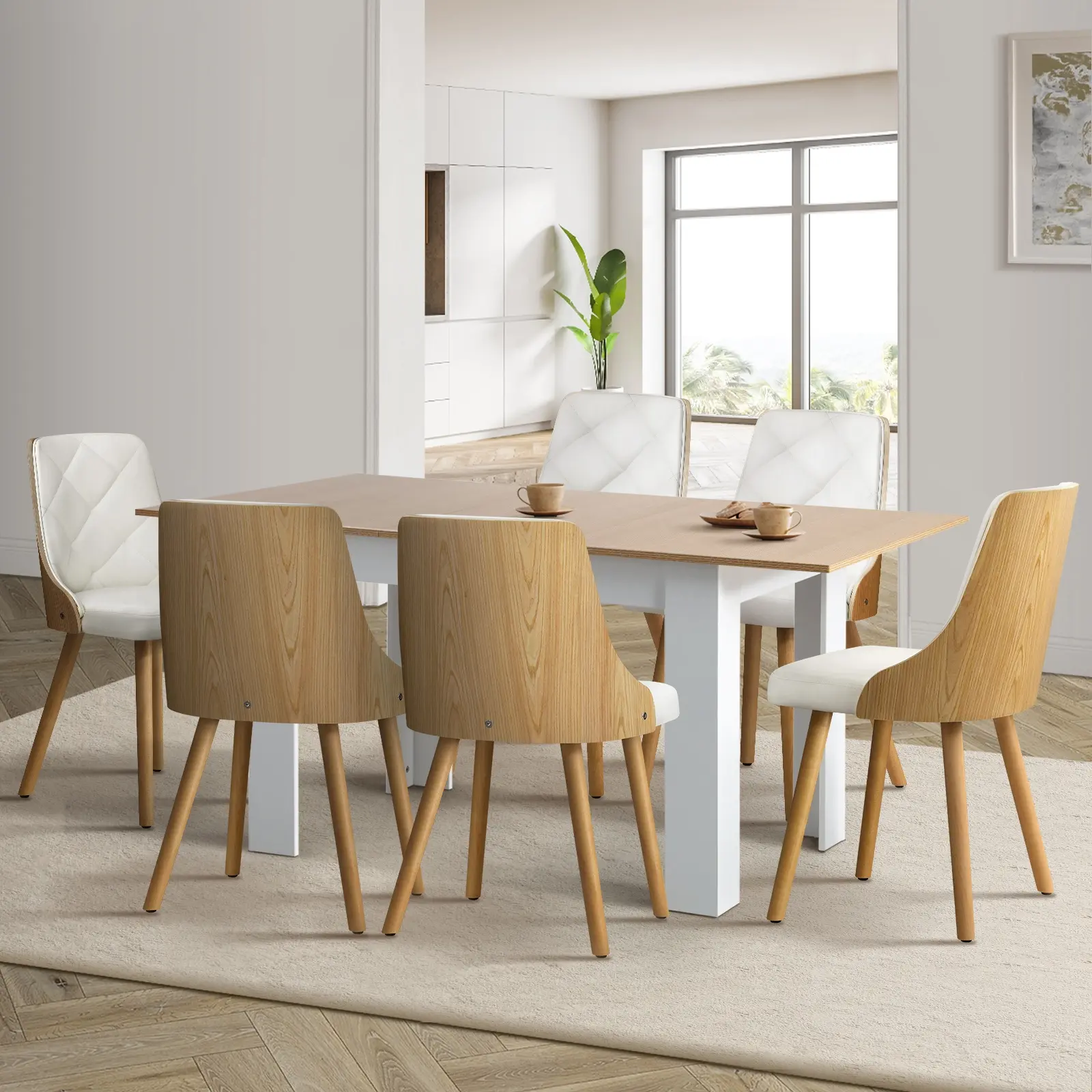 Oikiture 7PCS Dining sets 160cm Extendable Table with 6PCS Chairs PU White - Furniture