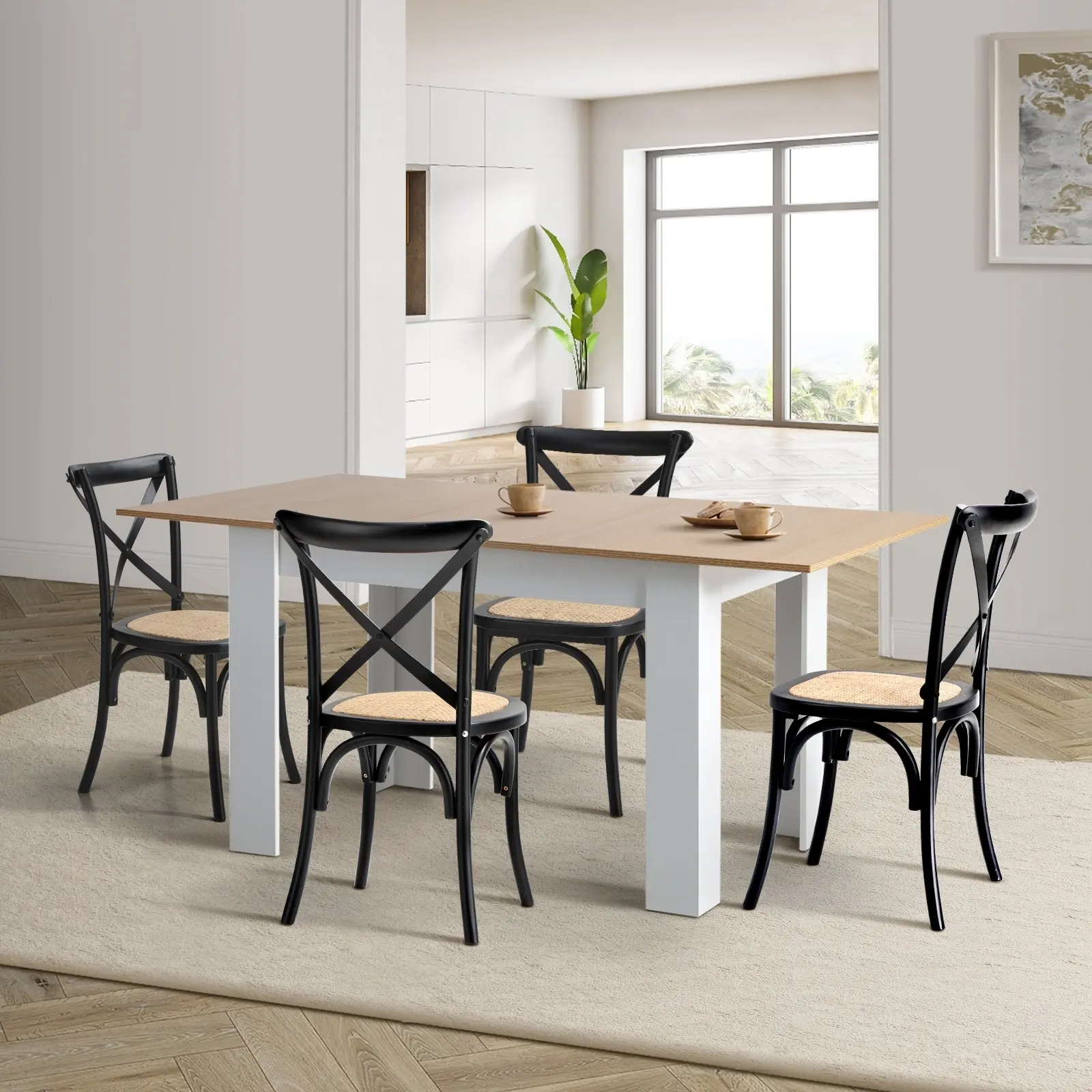 Oikiture 160cm Extendable Dining Table with 4PCS Dining Chairs Crossback Black - Furniture