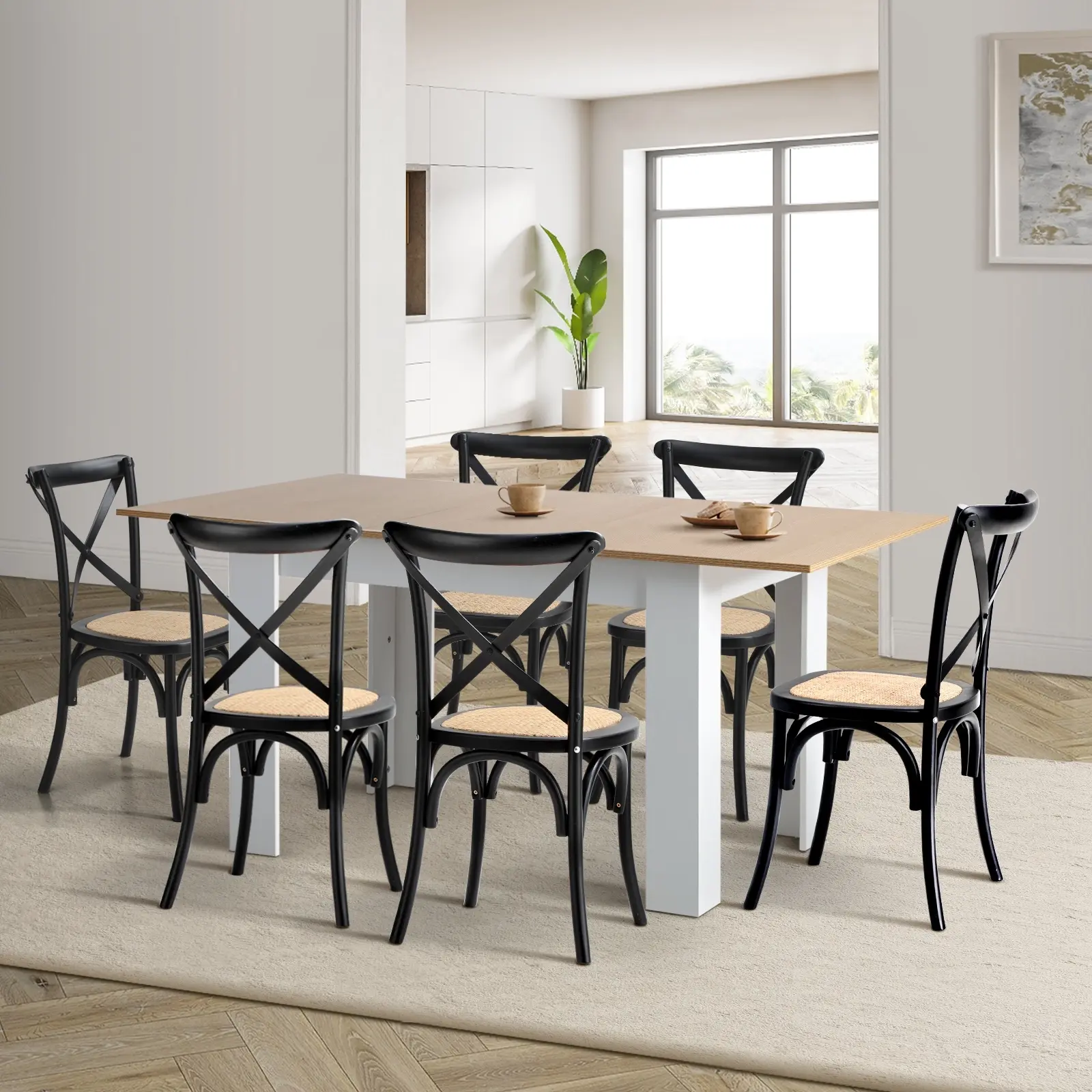 Oikiture 160cm Extendable Dining Table with 6PCS Dining Chairs Crossback Black - Furniture
