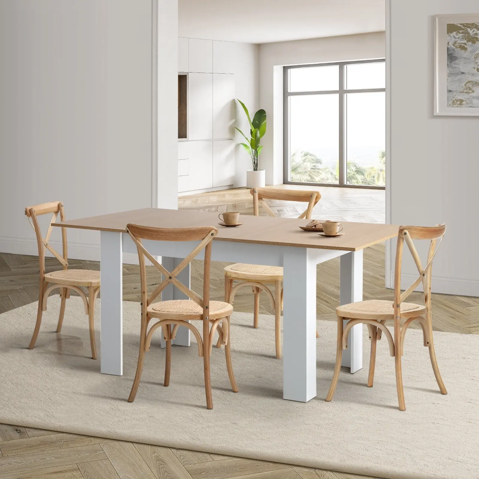 Oikiture 160cm Extendable Dining Table with 4PCS Dining Chairs Crossback Wooden - Furniture