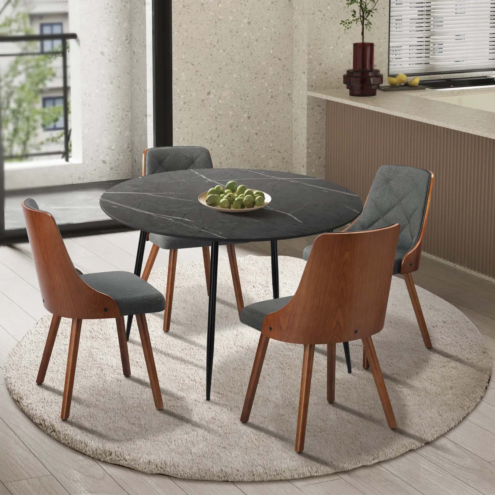 Oikiture 110cm Round Dining Table with 4PCS Dining Chairs Faux Linen Grey - Furniture