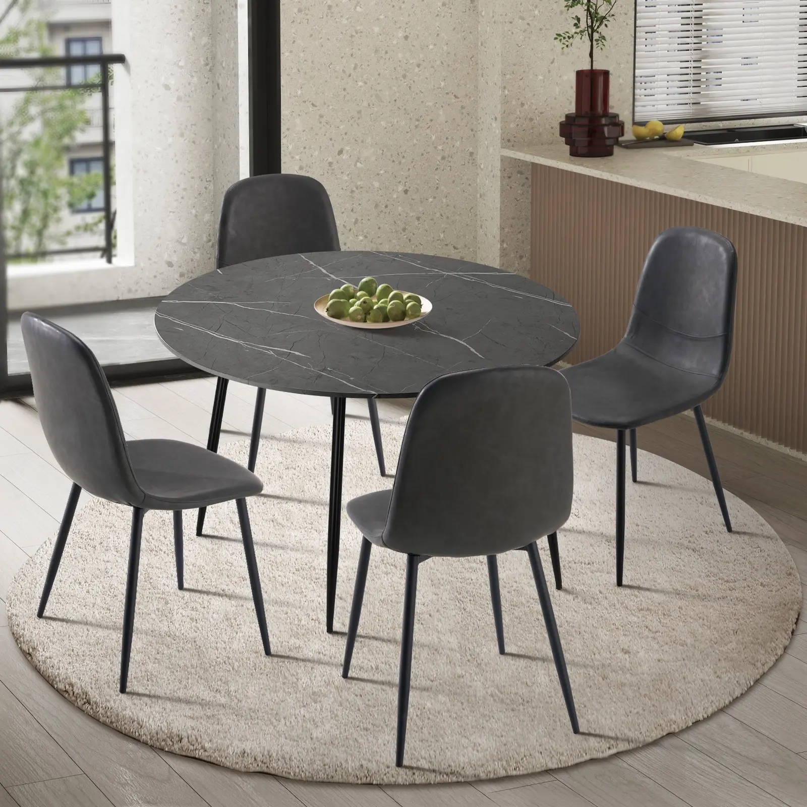 Oikiture 110cm Round Dining Table with 4PCS Dining Chairs PU Grey&Black - Furniture