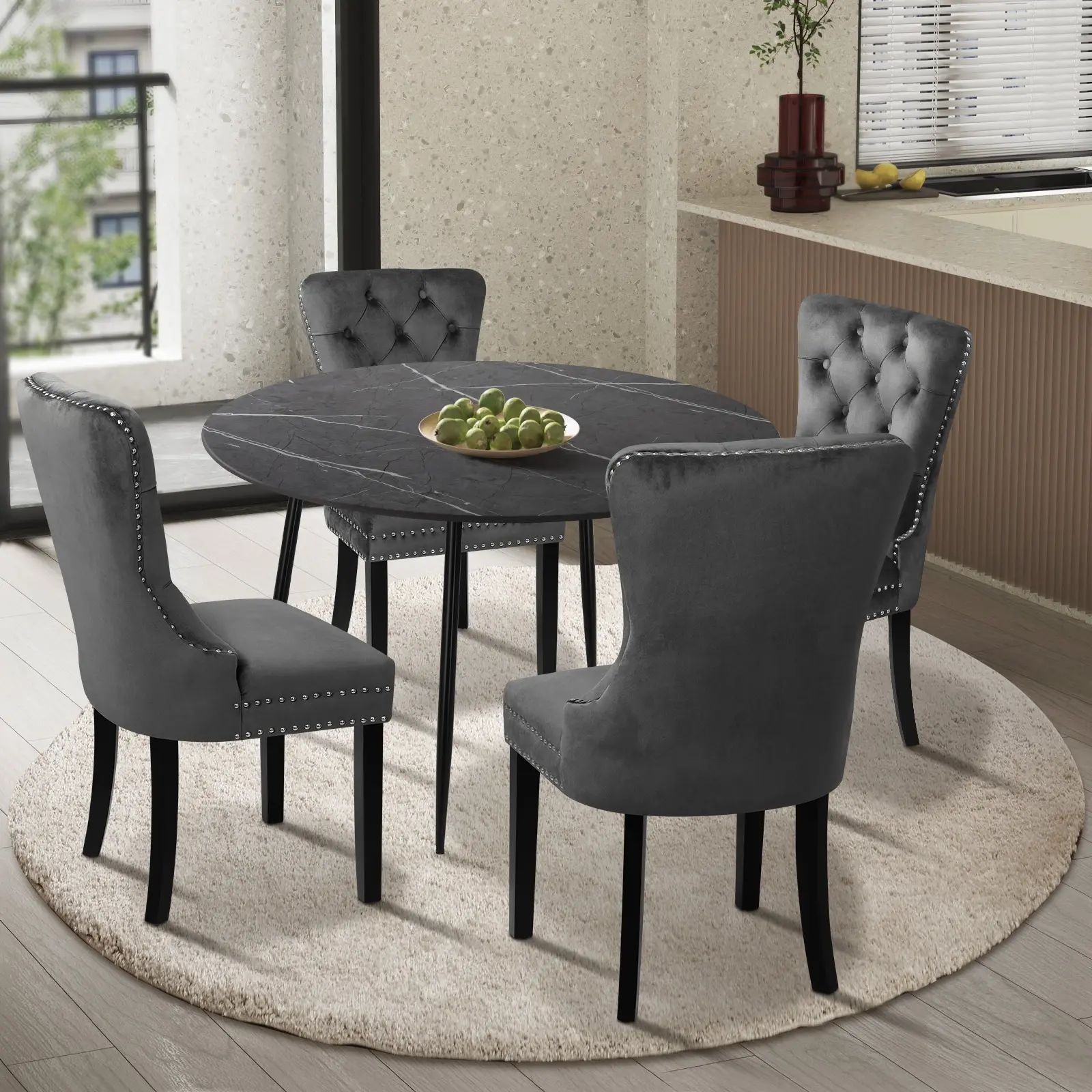 Oikiture 110cm Round Dining Table with 4PCS Dining Chairs Velvet Grey - Furniture