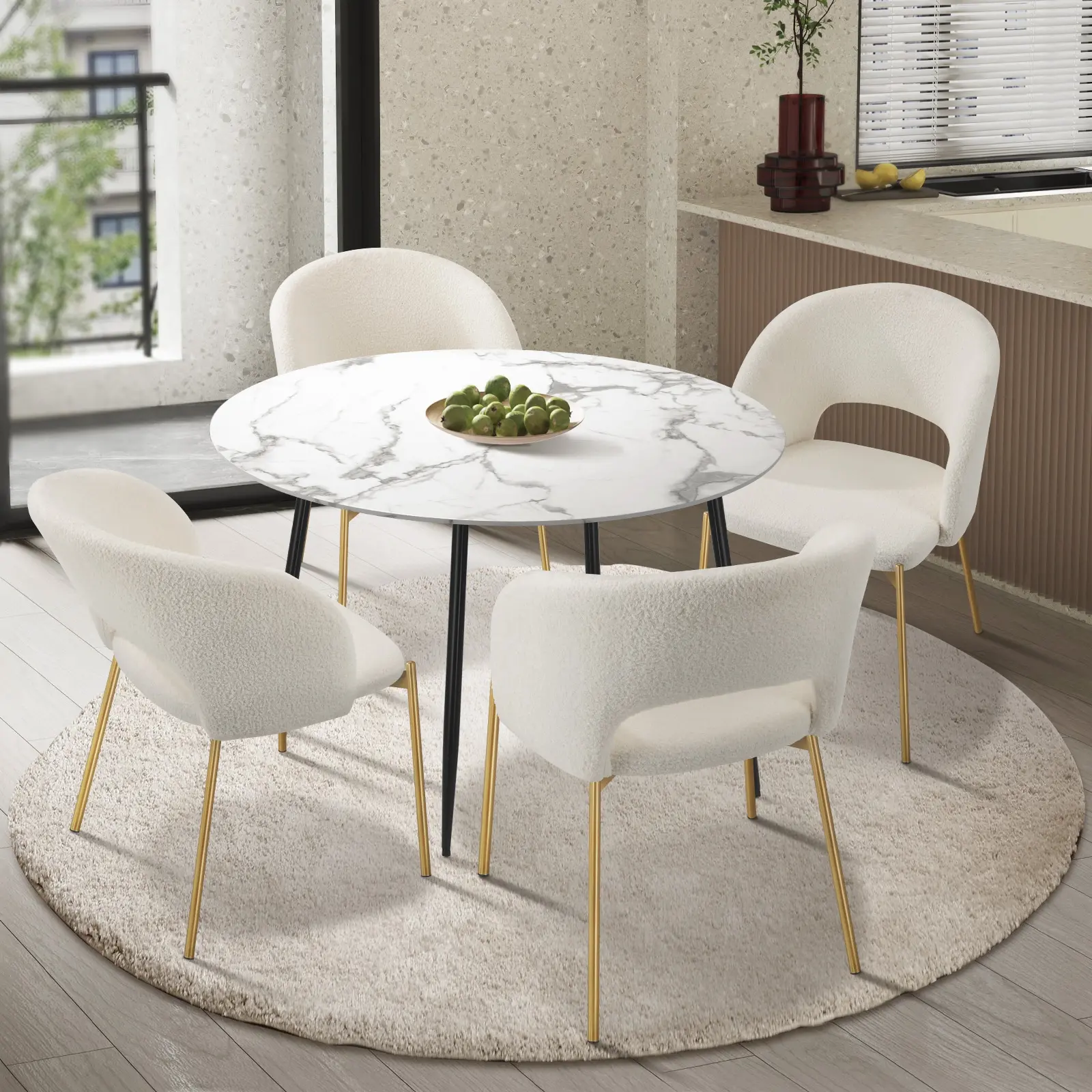 Oikiture 5PCS Dining sets 110cm Round Table with 4PCS Chairs Sherpa White&Gold - Furniture