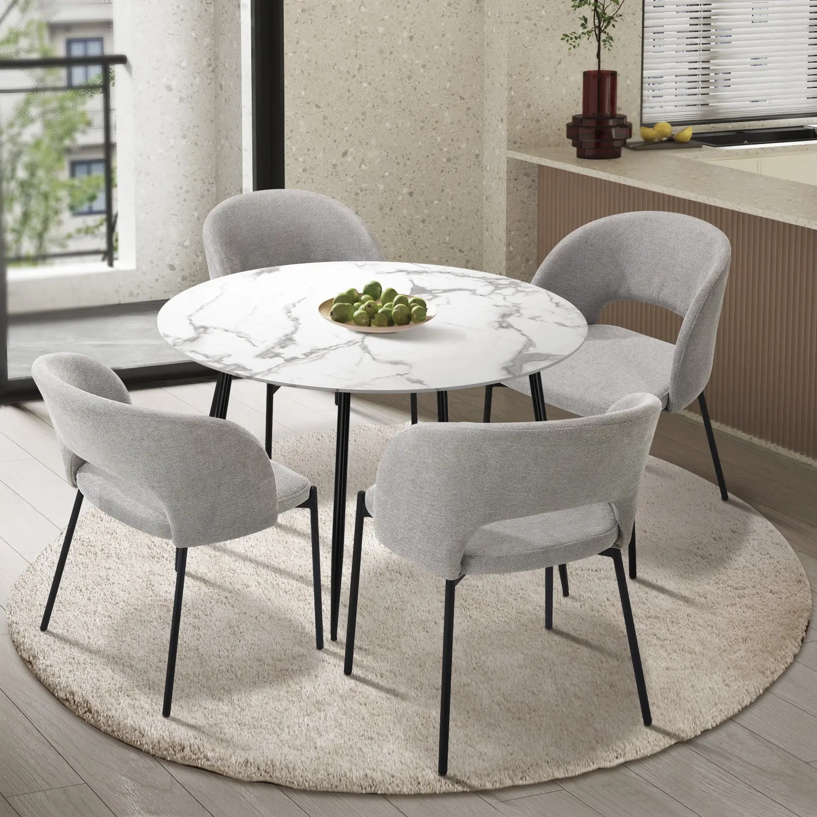 Oikiture 5PCS Dining sets 110cm Round Table with 4PCS Chairs Fabric Grey - Furniture