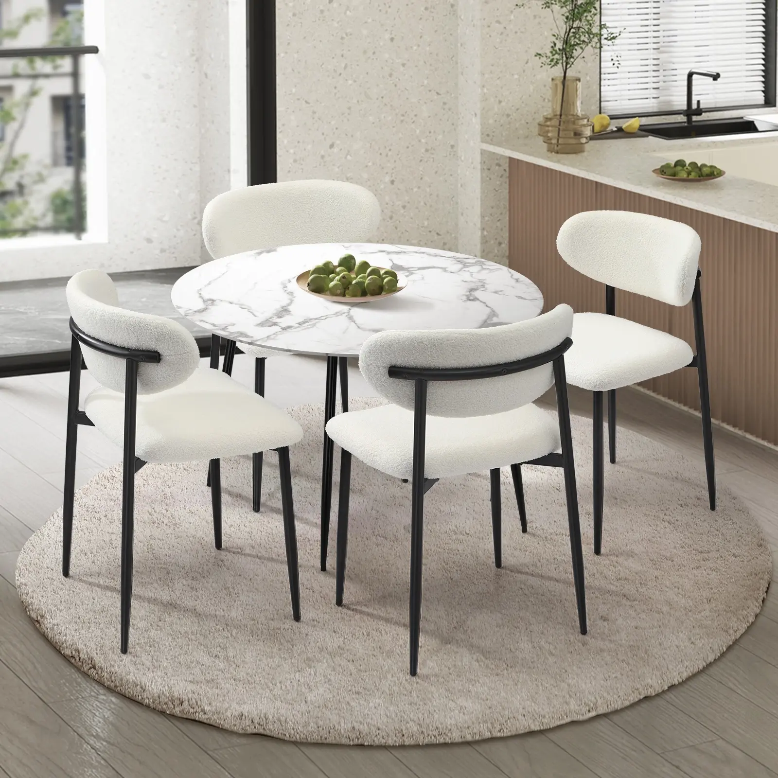 Oikiture 110cm Round Dining Table with 4x Dining Chairs Boucle Black&White - Furniture
